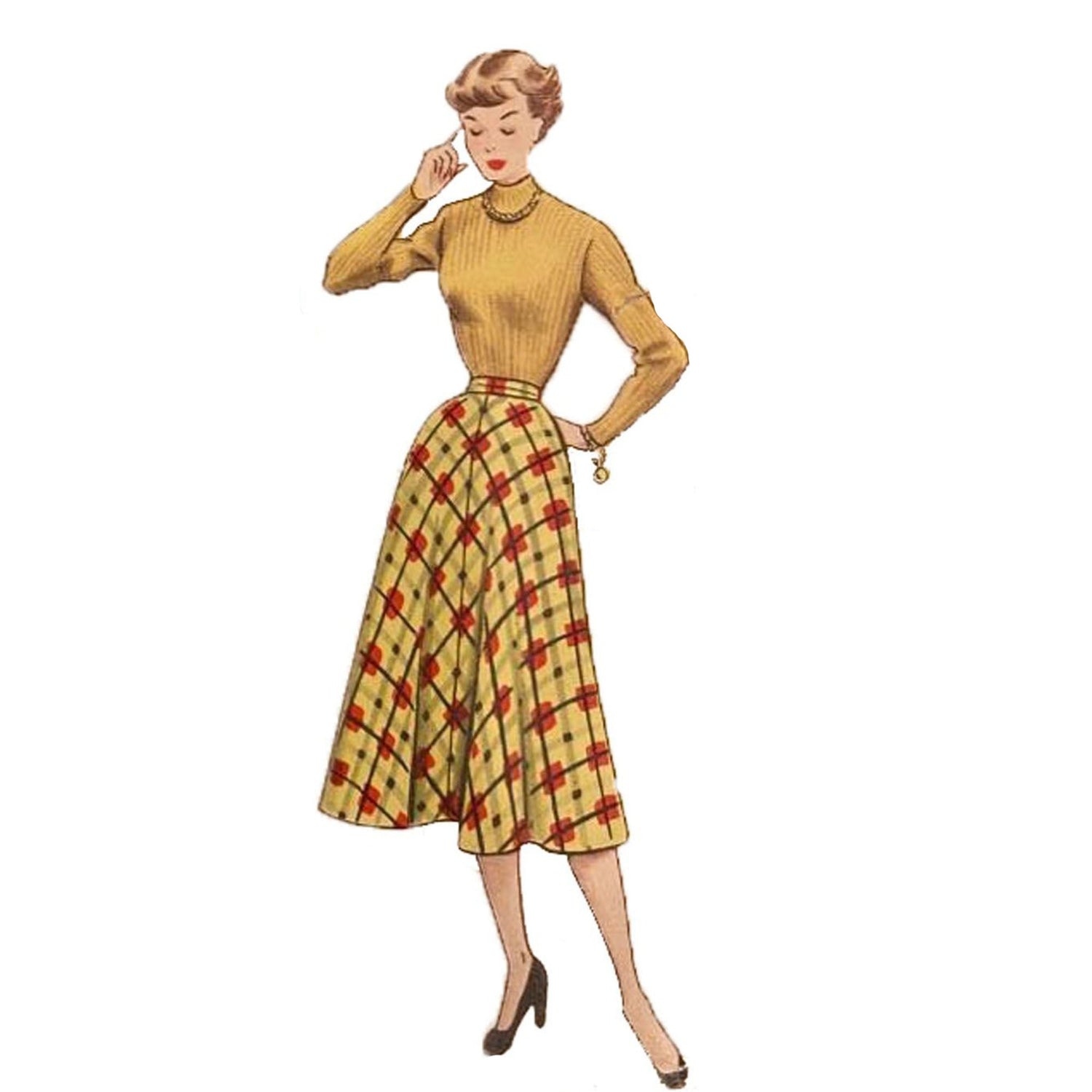 Model wearing 1950s waistcoat and skirt made from Economy Design E45 pattern