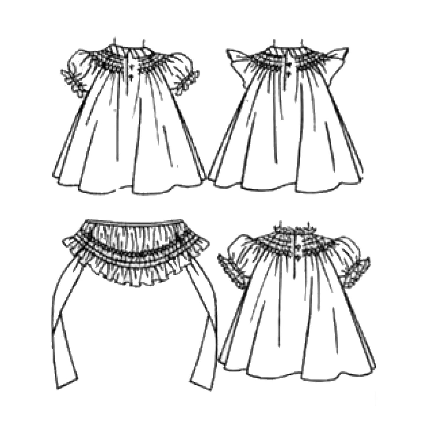 Line drawings of dress and bonnet.