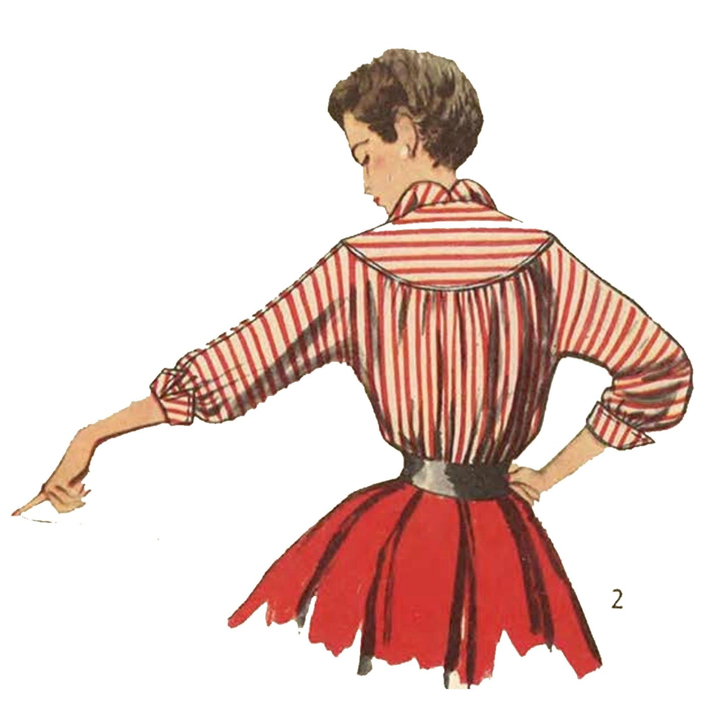Woman wearing a red and white striped high collared 50s blouse.