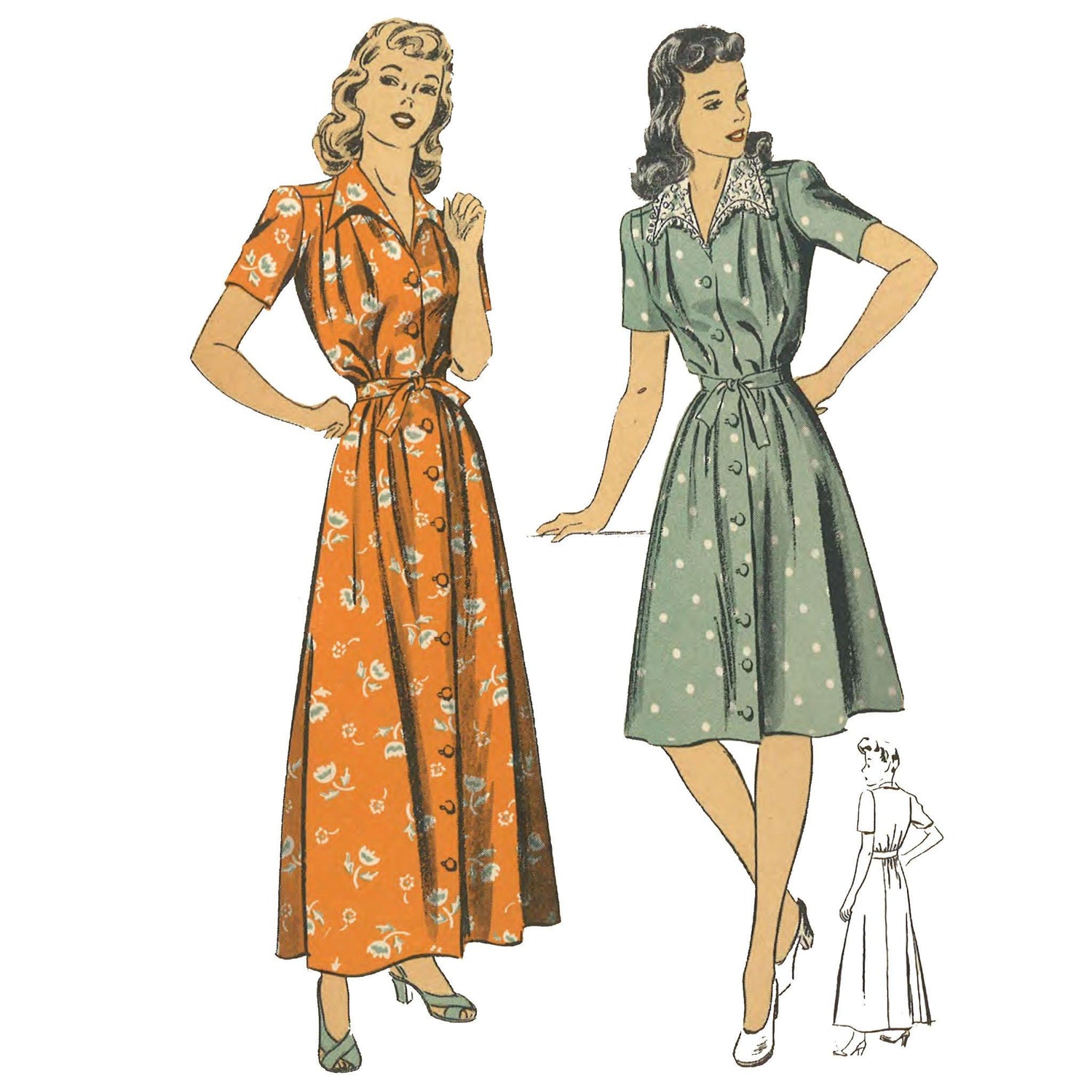 2 ladies one wearing a ful length housedress and the other a below the knee version, bith have shoulder yokes, shoulder tucks, button front, short sleeves, collar and tie belt
