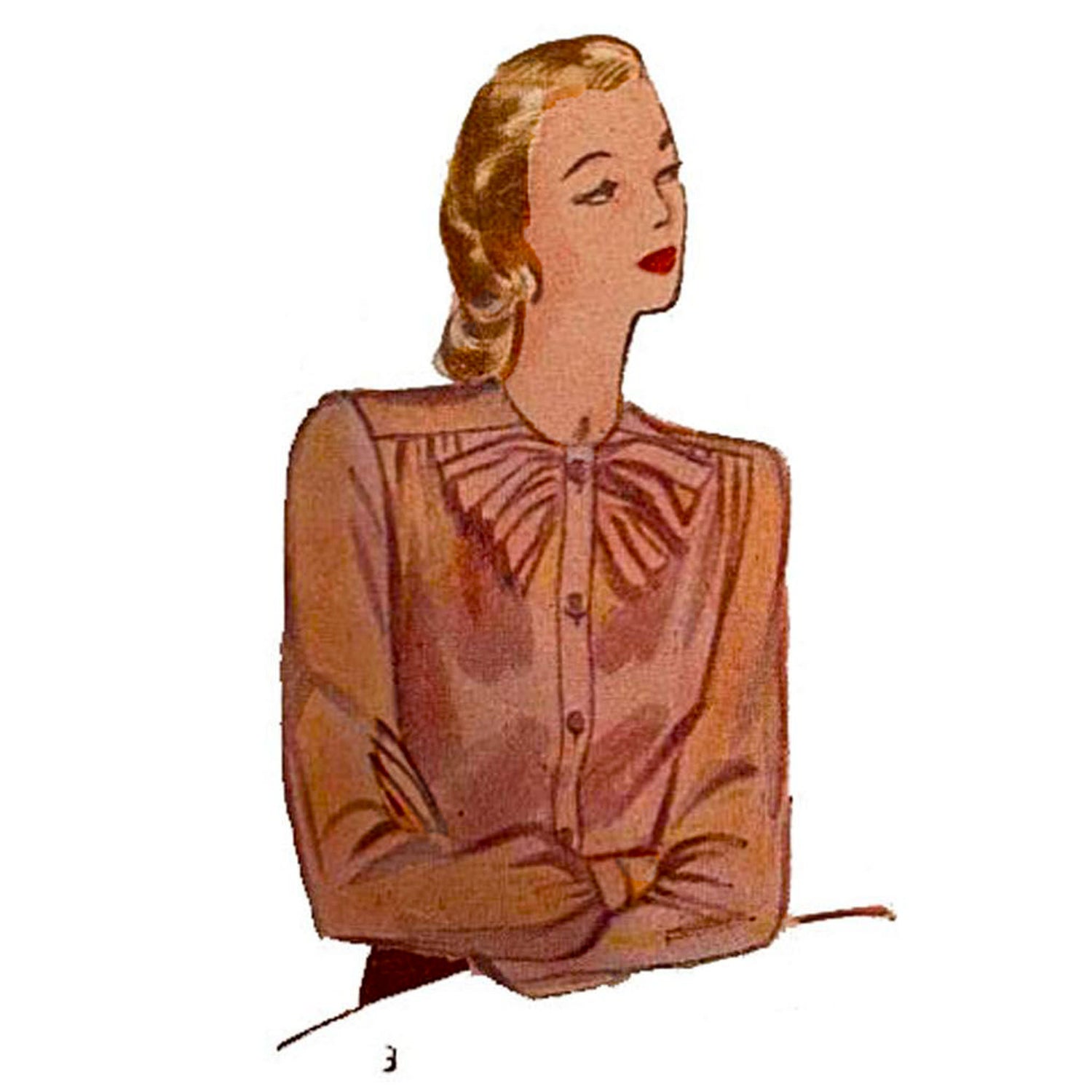 Model wearing 1940s women’s blouse made from Simplicity 1170 pattern
