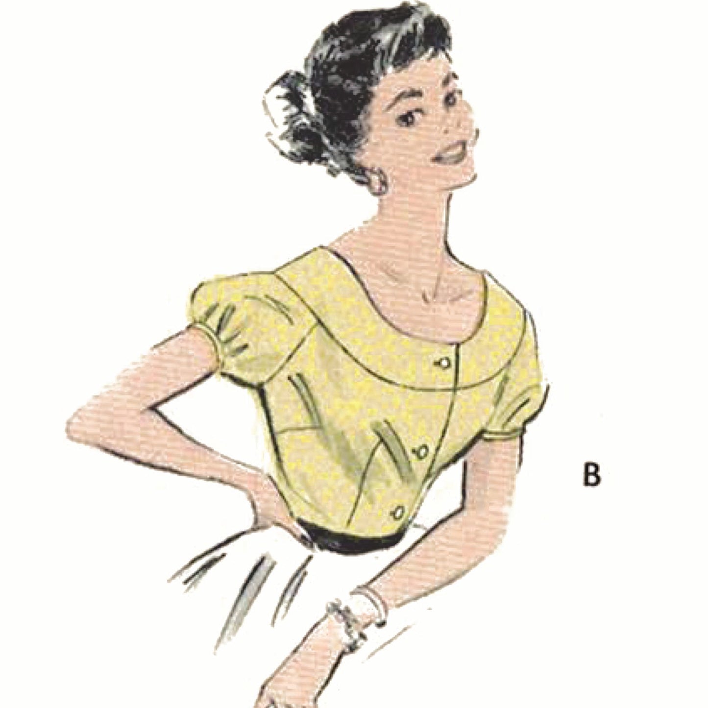 Model wearing 1950s blouse made from Butterick 7162 sewing pattern