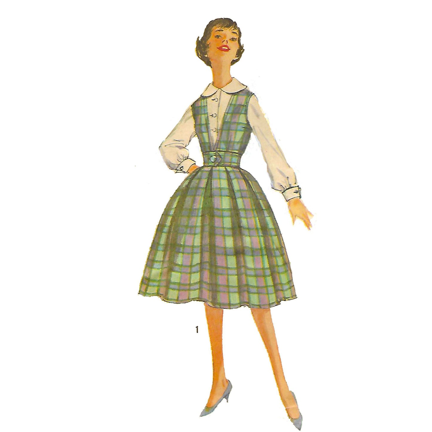 Model wearing 1950s jumper with two skirts and blouse made from Simplicity 3079 pattern