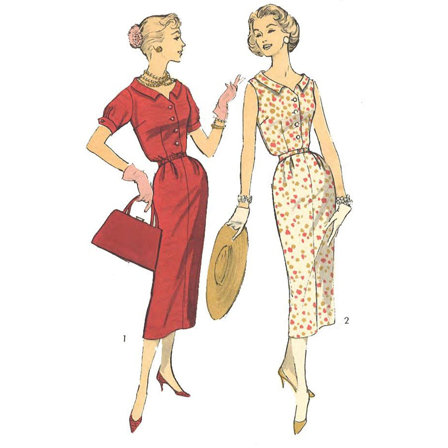 2 women wearing 50s dress with and without sleeves.