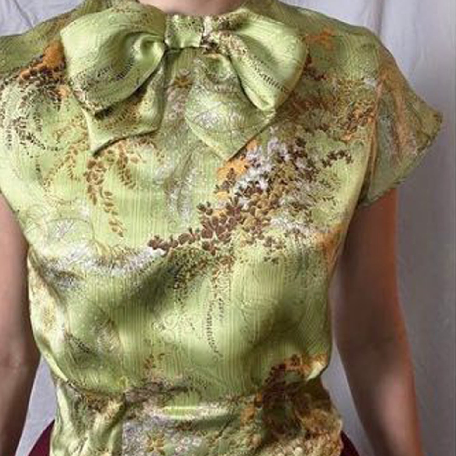 Blouse with huge bow at neckline made from vintage Chinese silk