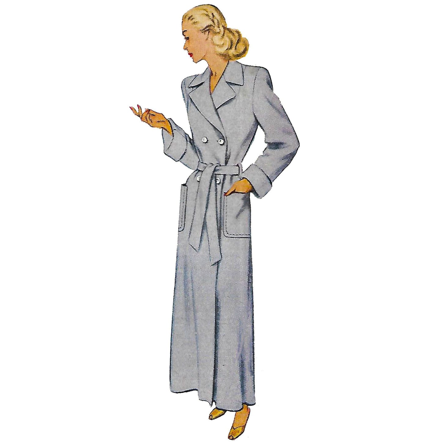 Model wearing 1940s housecoat made from McCall’s 7097 pattern