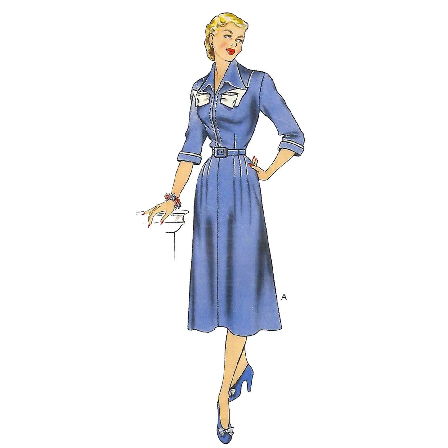 Model wearing 1940s dress made from Economy Design E7 pattern