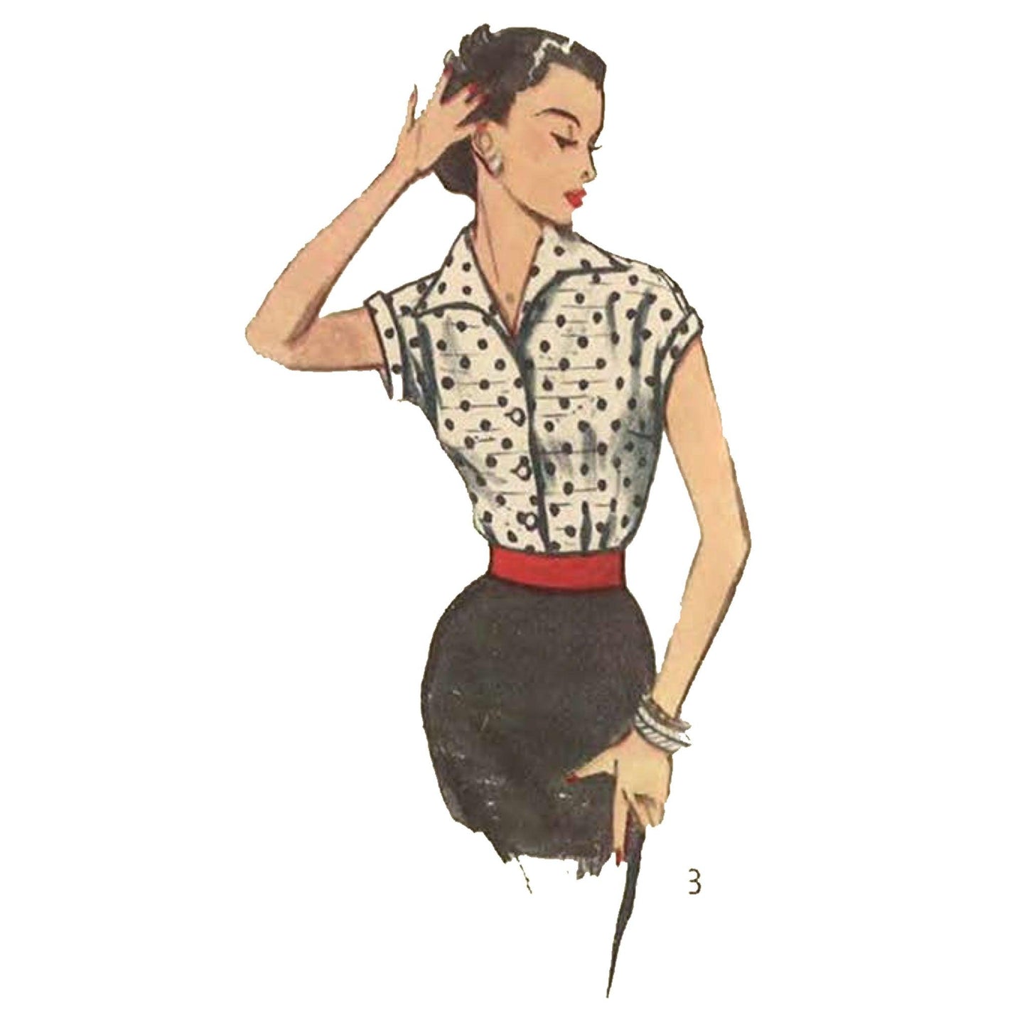 Woman wearing a polka dot 50s blouse.