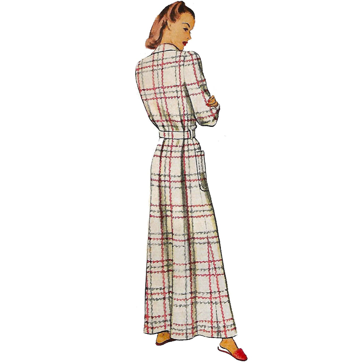 Model wearing 1940s housecoat made from McCall’s 7097 pattern