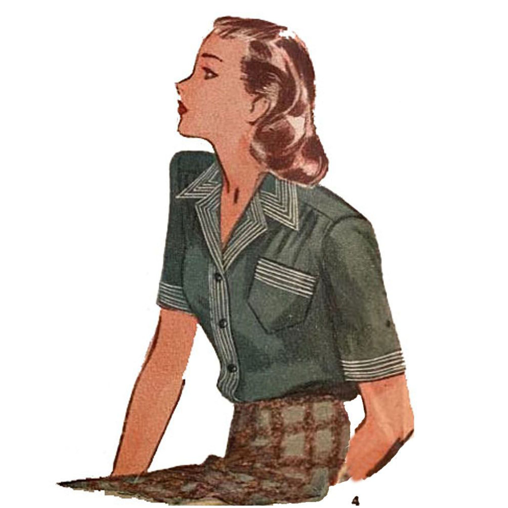 Model wearing 1940s women’s blouse made from Simplicity 1170 pattern