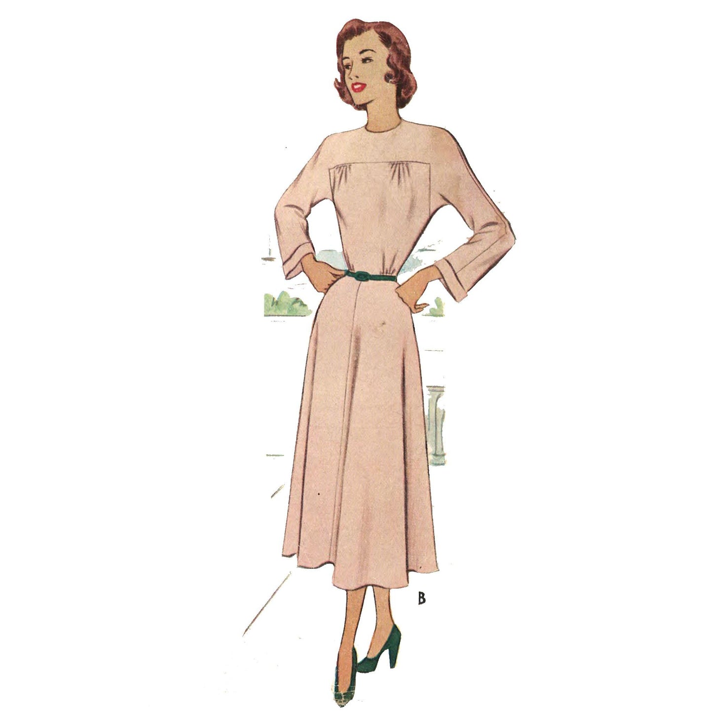 Woman wearing a 1940s Pattern Classic Tea Dress 'Easy to Make'