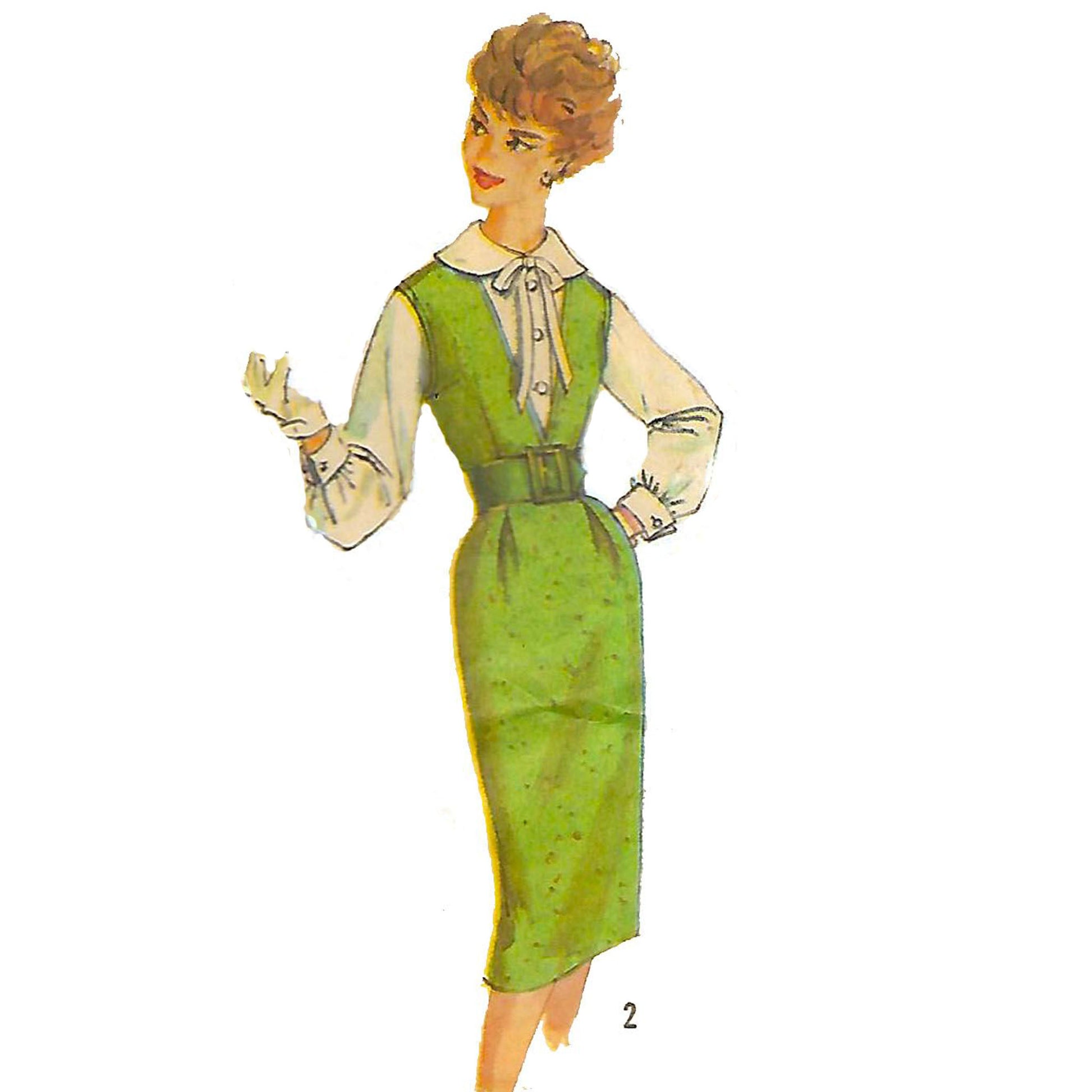 Model wearing 1950s jumper with two skirts and blouse made from Simplicity 3079 pattern