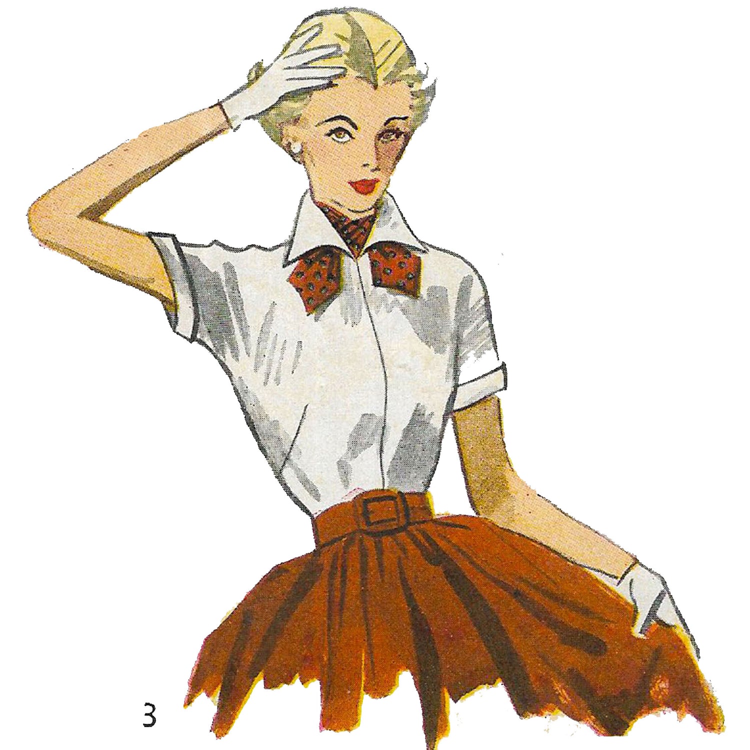 Model wearing 1950s overblouse and blouses with detachable collar, cuffs and scarf made from Simplicity 4010 pattern