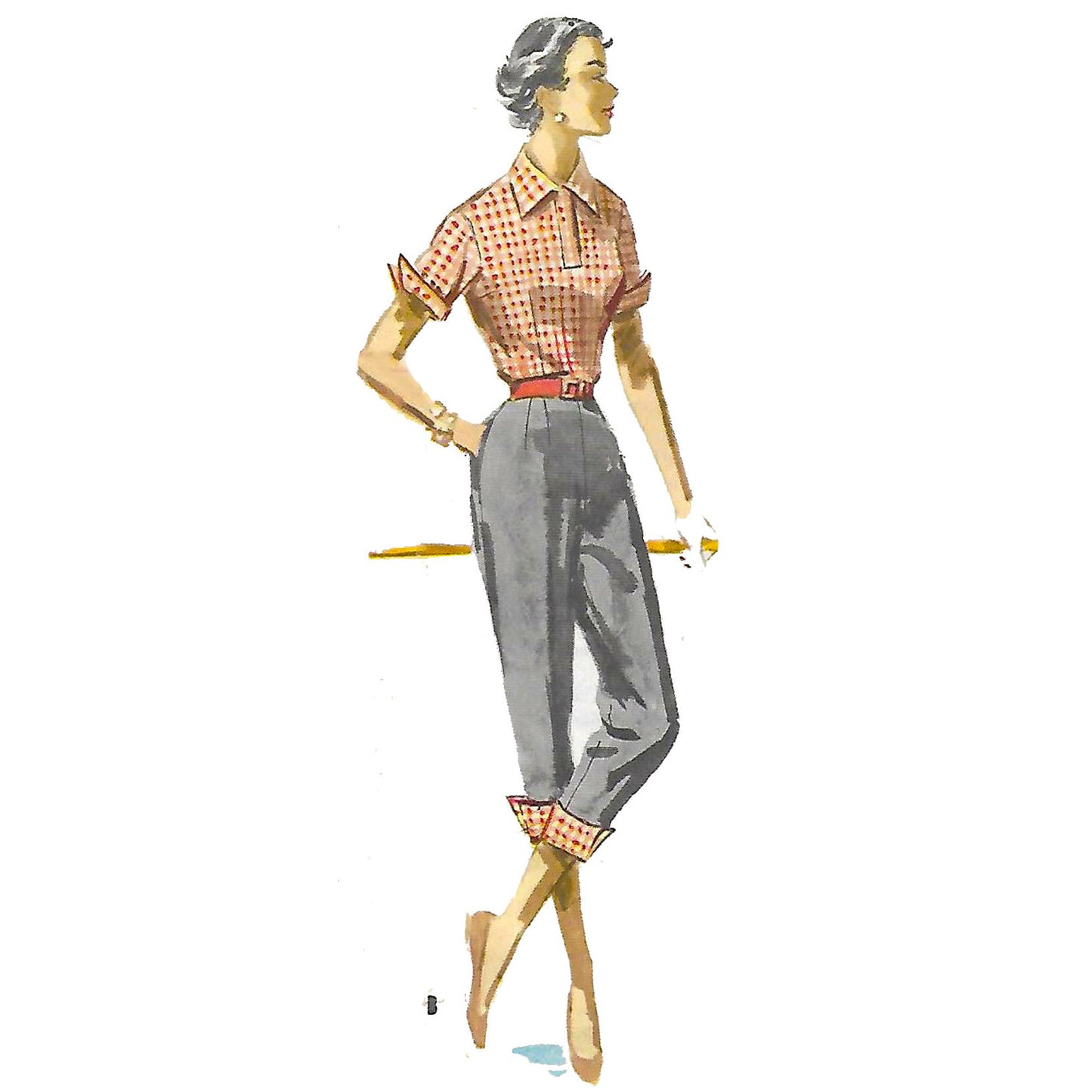 Model wearing 1950s blouse and pants made from McCall’s 3417 pattern