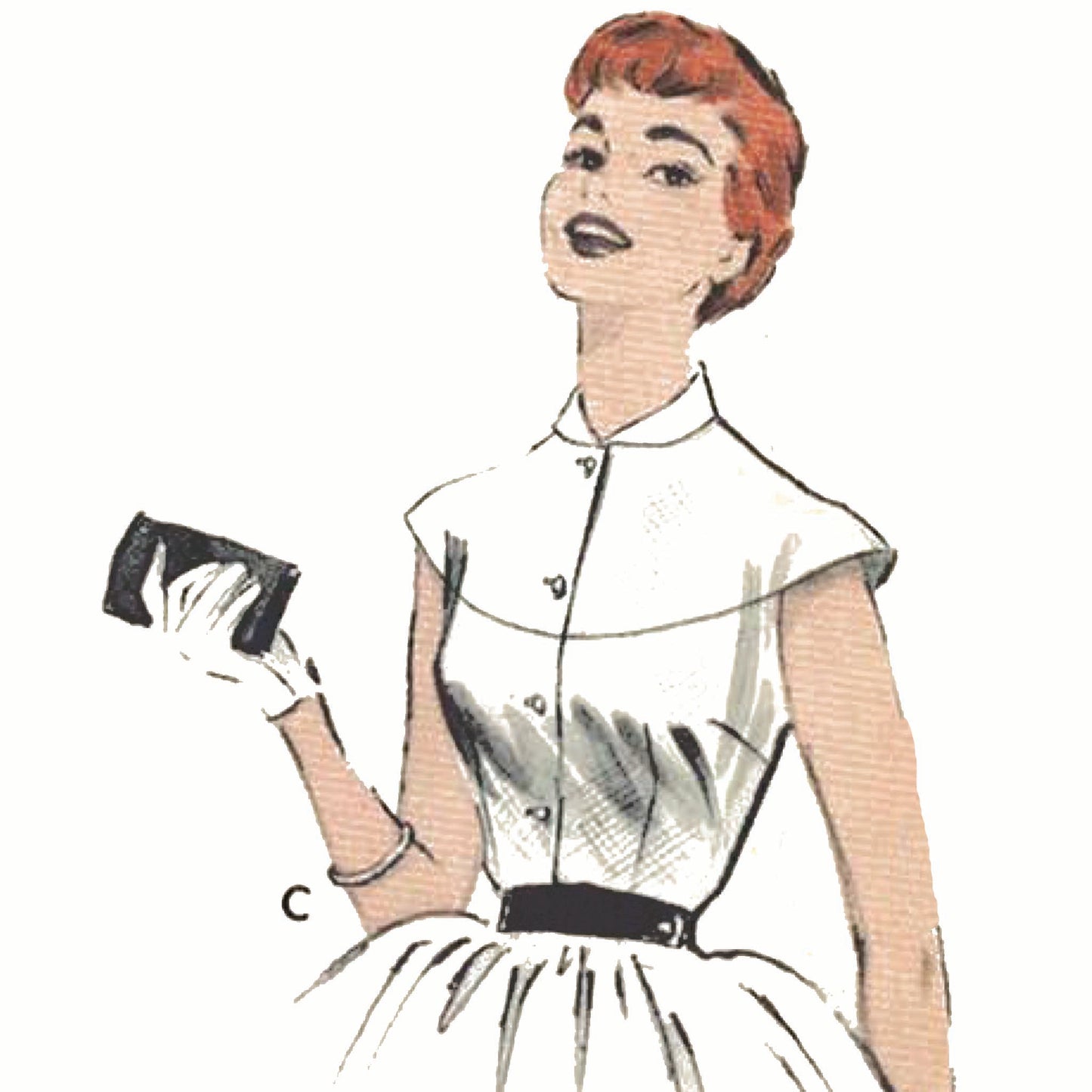 Model wearing 1950s blouse made from Butterick 7162 sewing pattern