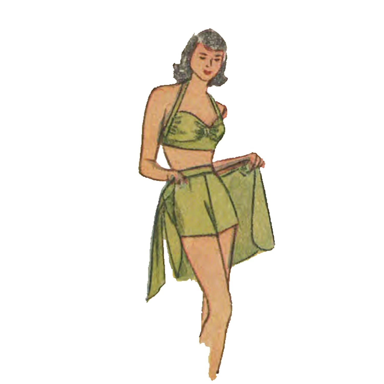Woman wearing sarong , shorts and bra top.