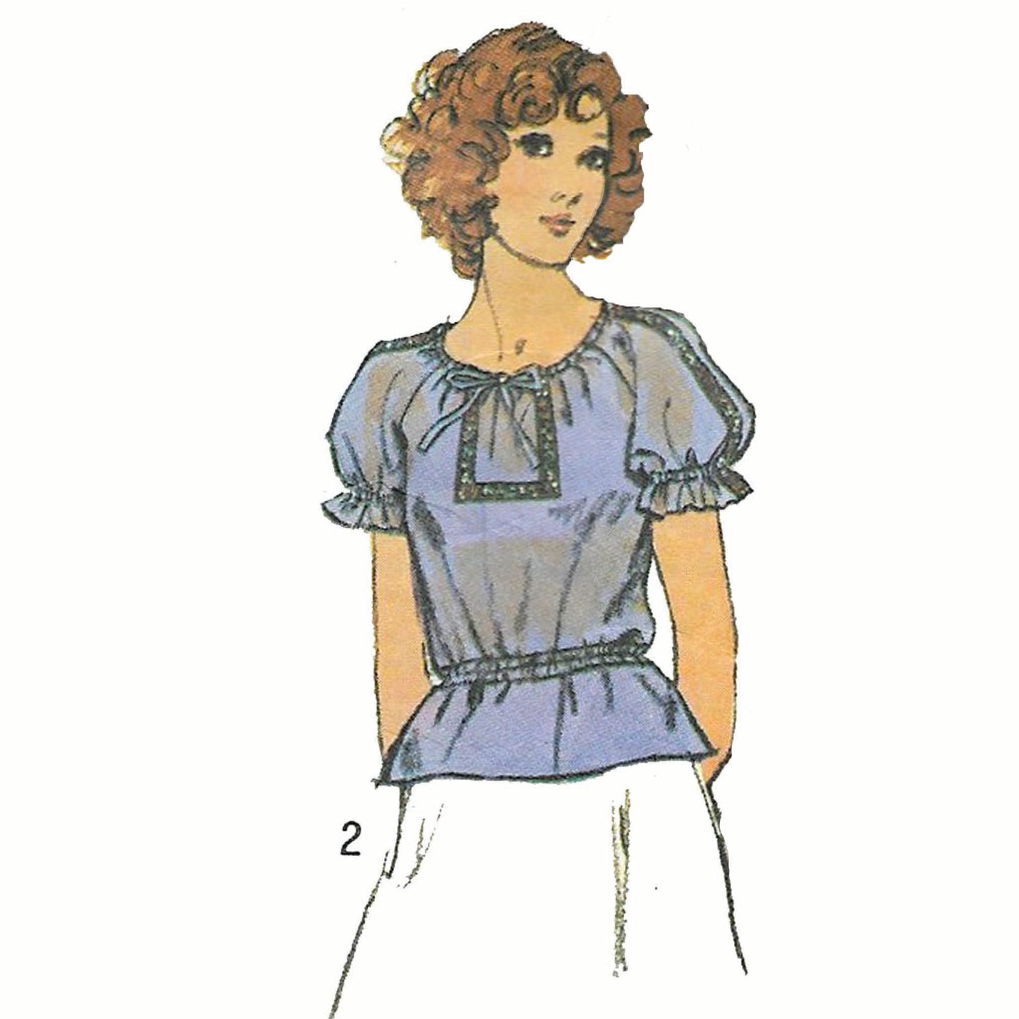 Model wearing 1970s blouses made from Simplicity 6412 pattern