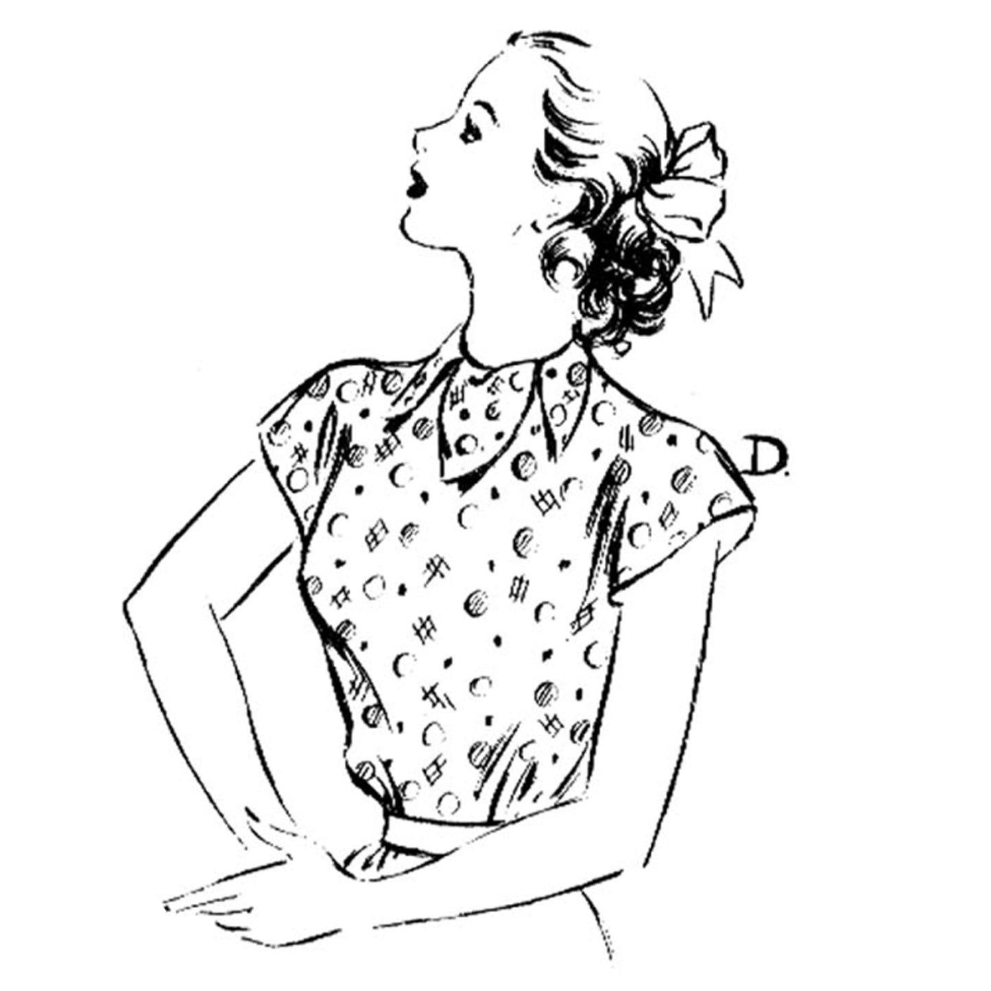 Fashion illustration of woman wearing 1940's blouses in various styles made from sewing pattern Style 4904.