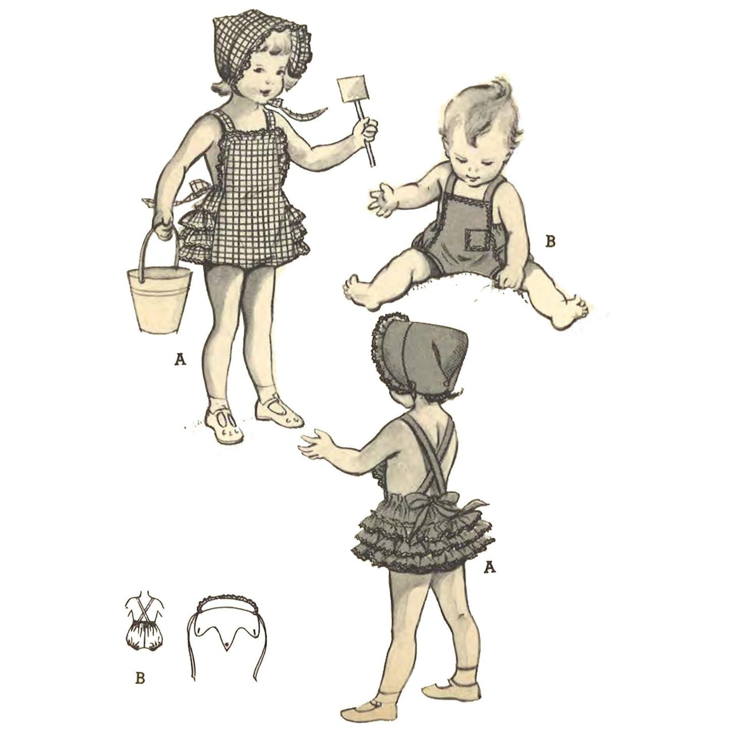 Illustration of toddlers in playsuits and bonnet.