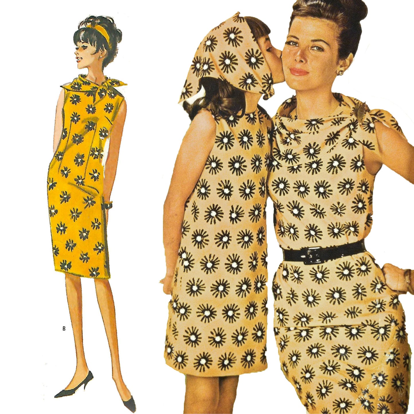 Model wearing 1960s dress and scarf made from McCall’s 6804 34 pattern