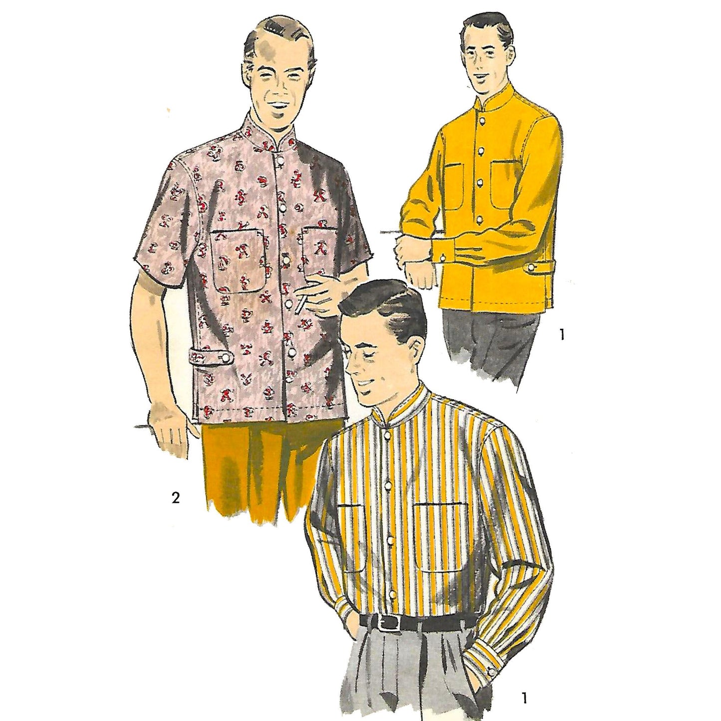 Model wearing 1950s Mandarin Shirt made from Advance 8310 pattern