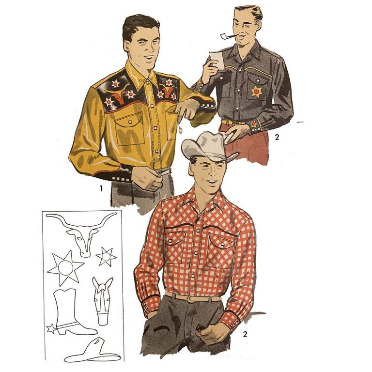 Model wearing 1950s western shirt made from Advance 8312 pattern