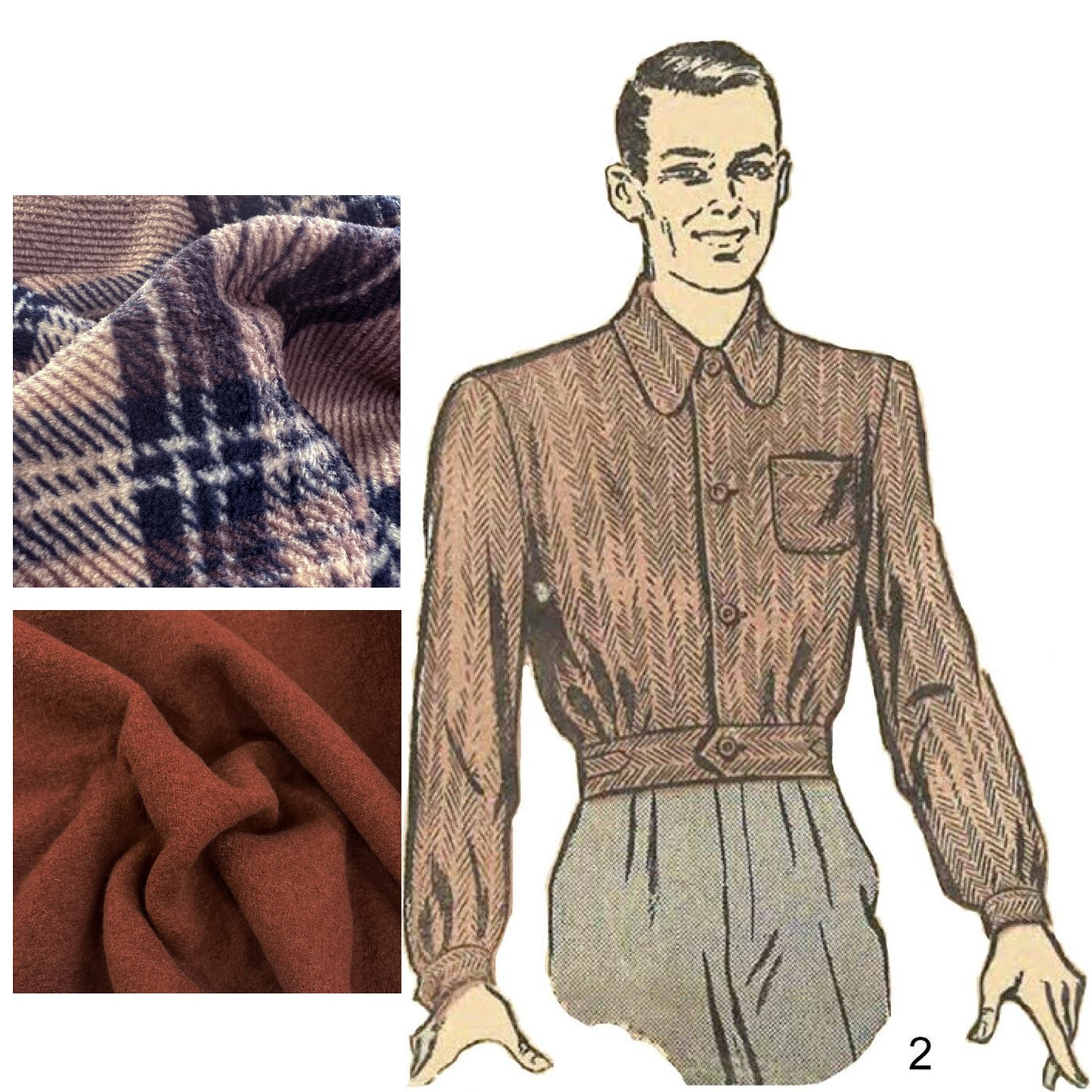 Man with jacket and example fabrics