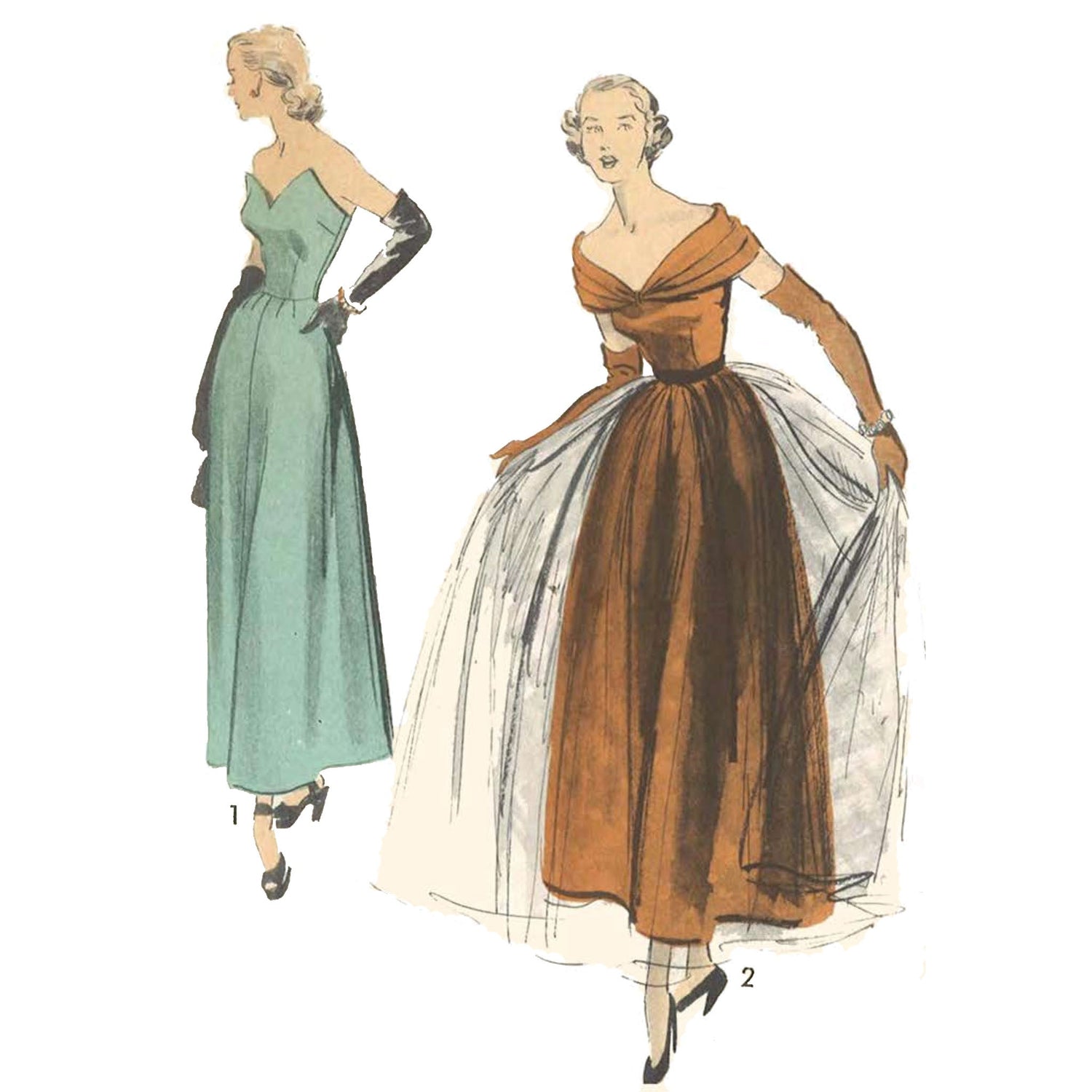 1940s Pattern, Mademoiselle Evening Dress, Ball Gowns - Two women wearing dresses