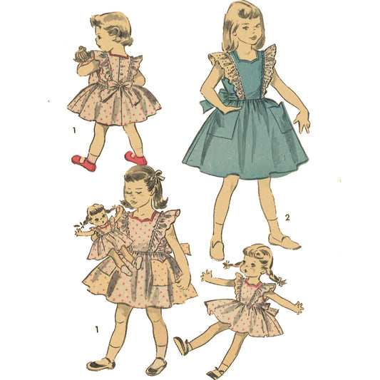 Image of 3 girls in 'Alice in Wonderland' style dresses, plus doll wearing mini version of the same outfit.