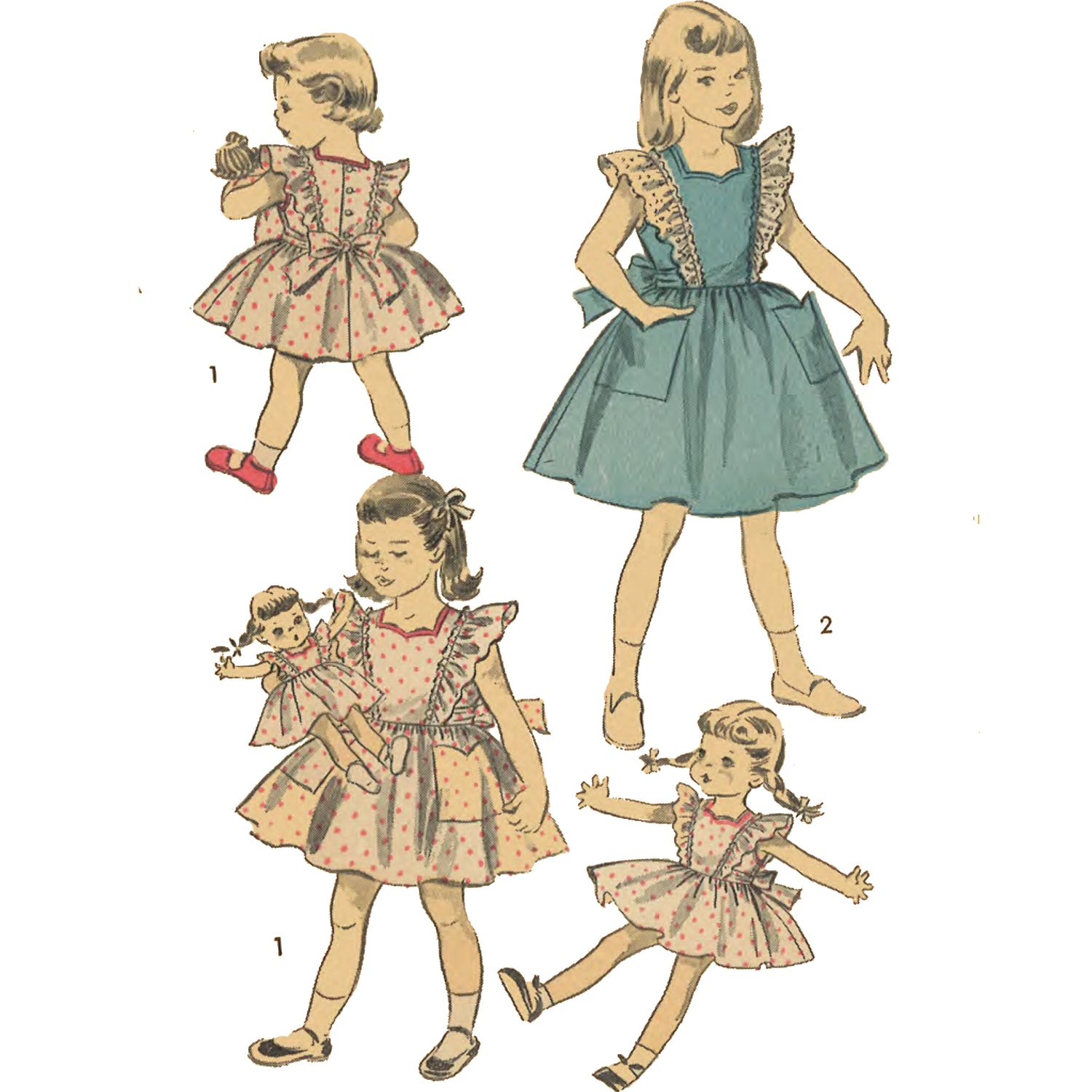 Image of 3 girls in 'Alice in Wonderland' style dresses, plus doll wearing mini version of the same outfit.
