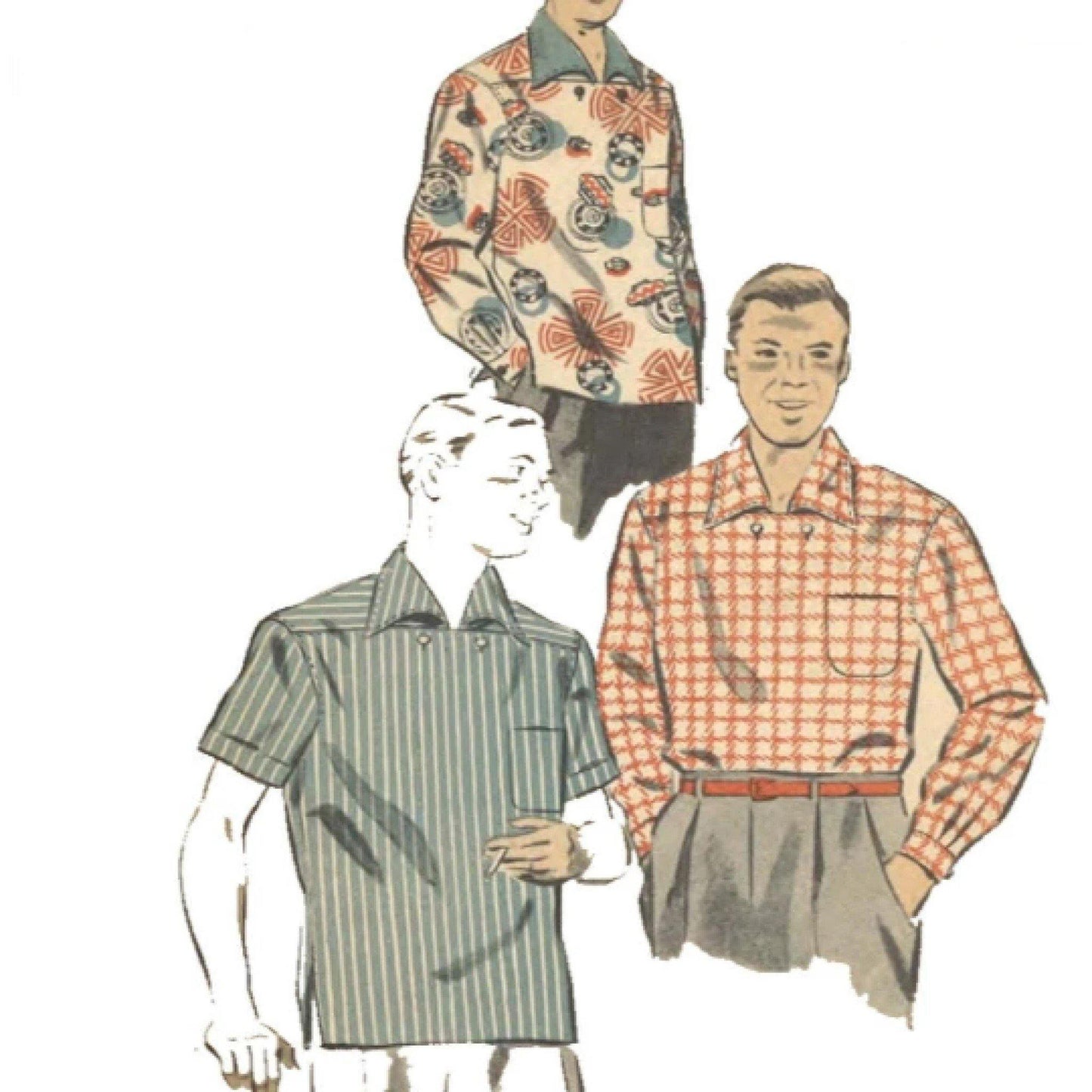 3 men wearing different version of the same shirt pattern. 1. checked shirt with chest pocket, collar and 2 buttoned flap opening . 1 same shirt different print and contrasting blue collar and the 3rd man is wearing a striped short where the stripes change direction on shoulder yoke to body and sleeves.