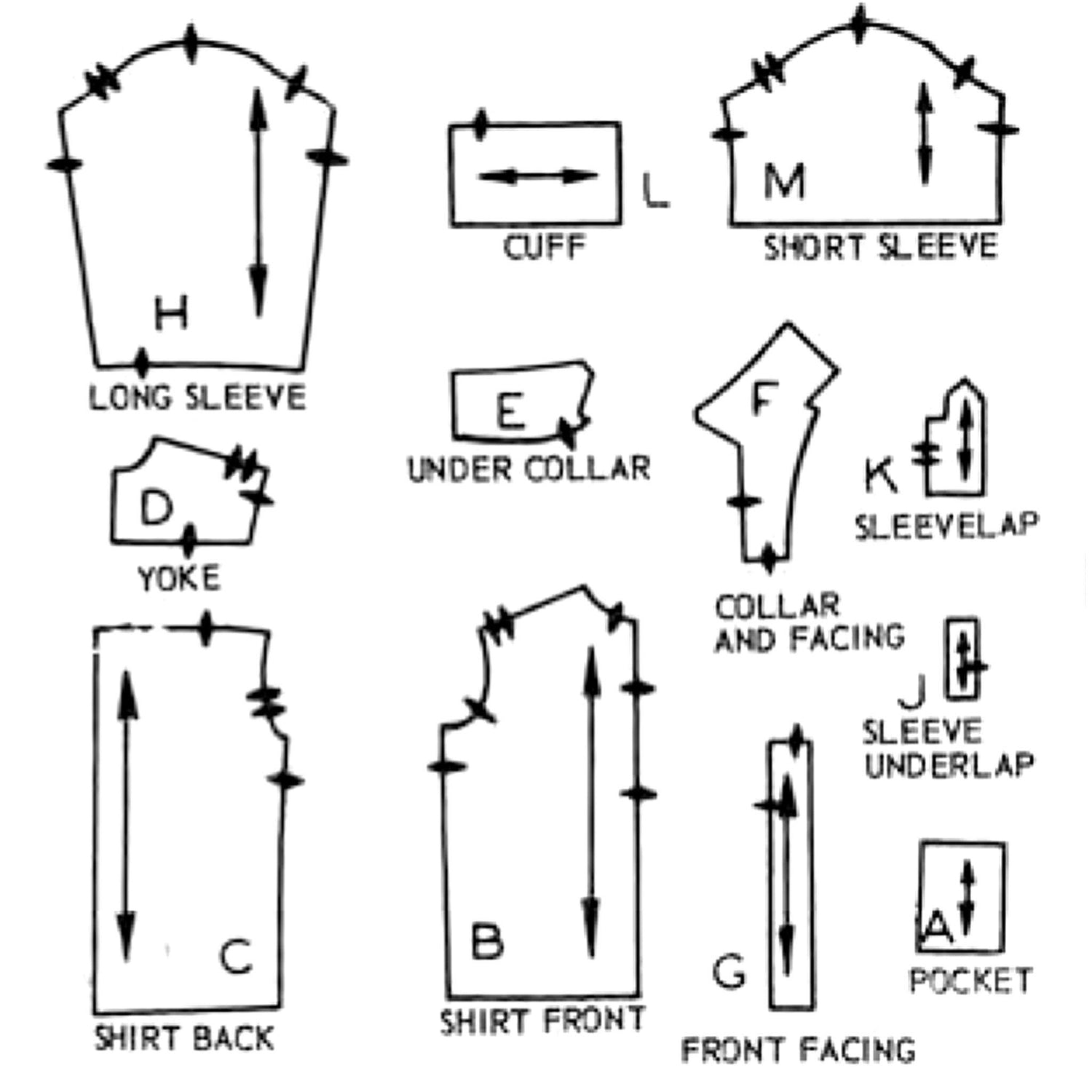 Line drawing of all included pattern pieces