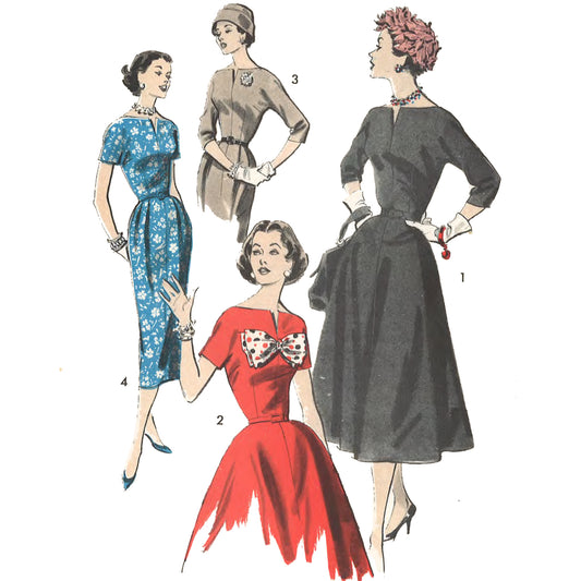 Women wearing dresses. Left to Right; View 4, short sleeves and straight skirt, in blue. View 3, elbow length sleeves and slim skirt, in beige. View 2, short sleeves with full skirt, in red. View 1 elbow length sleeves and full skirt, in black.