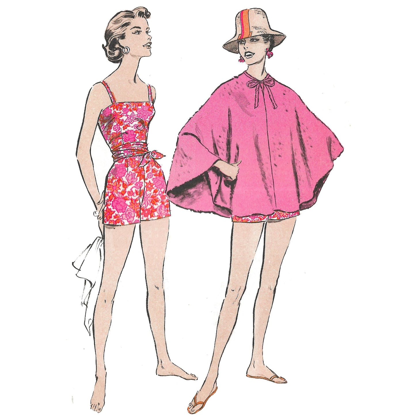 Model wearing 1950s two-piece playsuit and poncho made from Advance 9013 pattern
