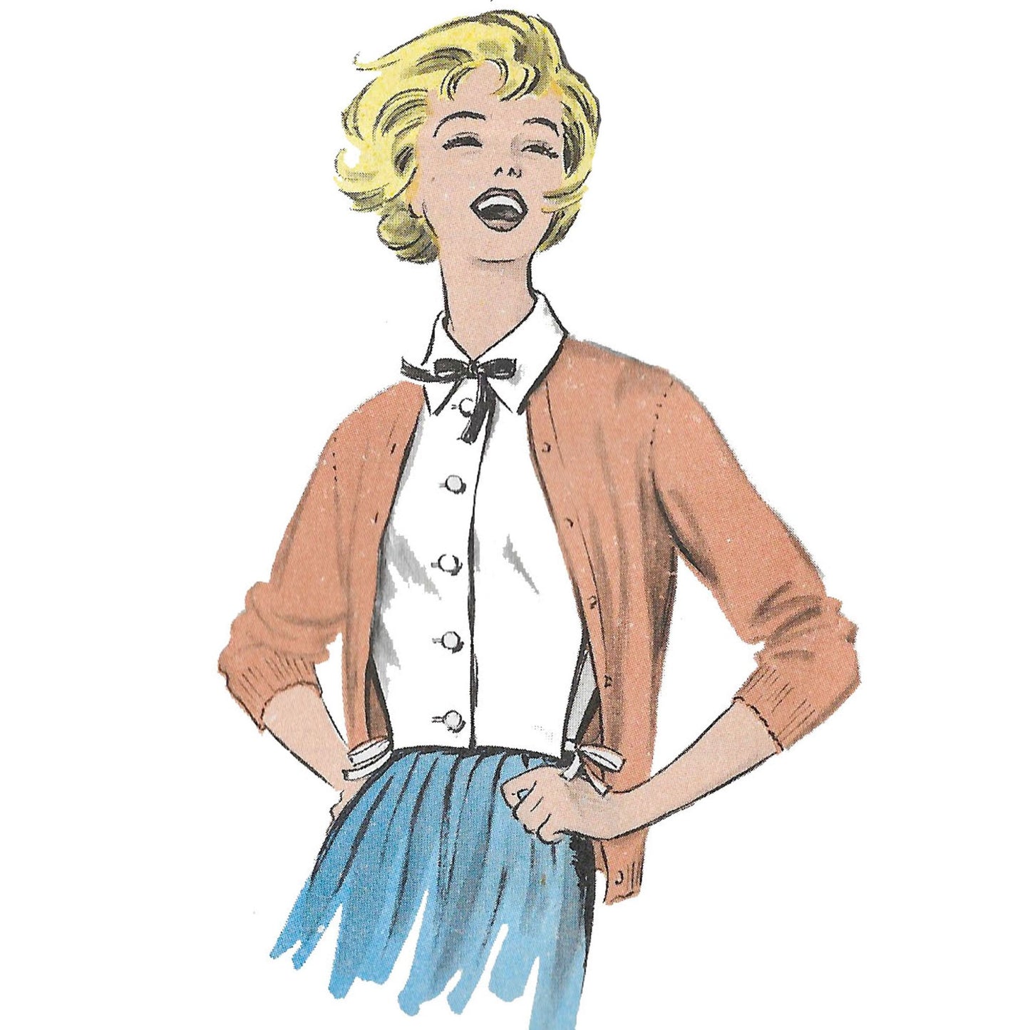 Model wearing 1950s misses’ collars and dickeys made from Advance 9045 pattern.