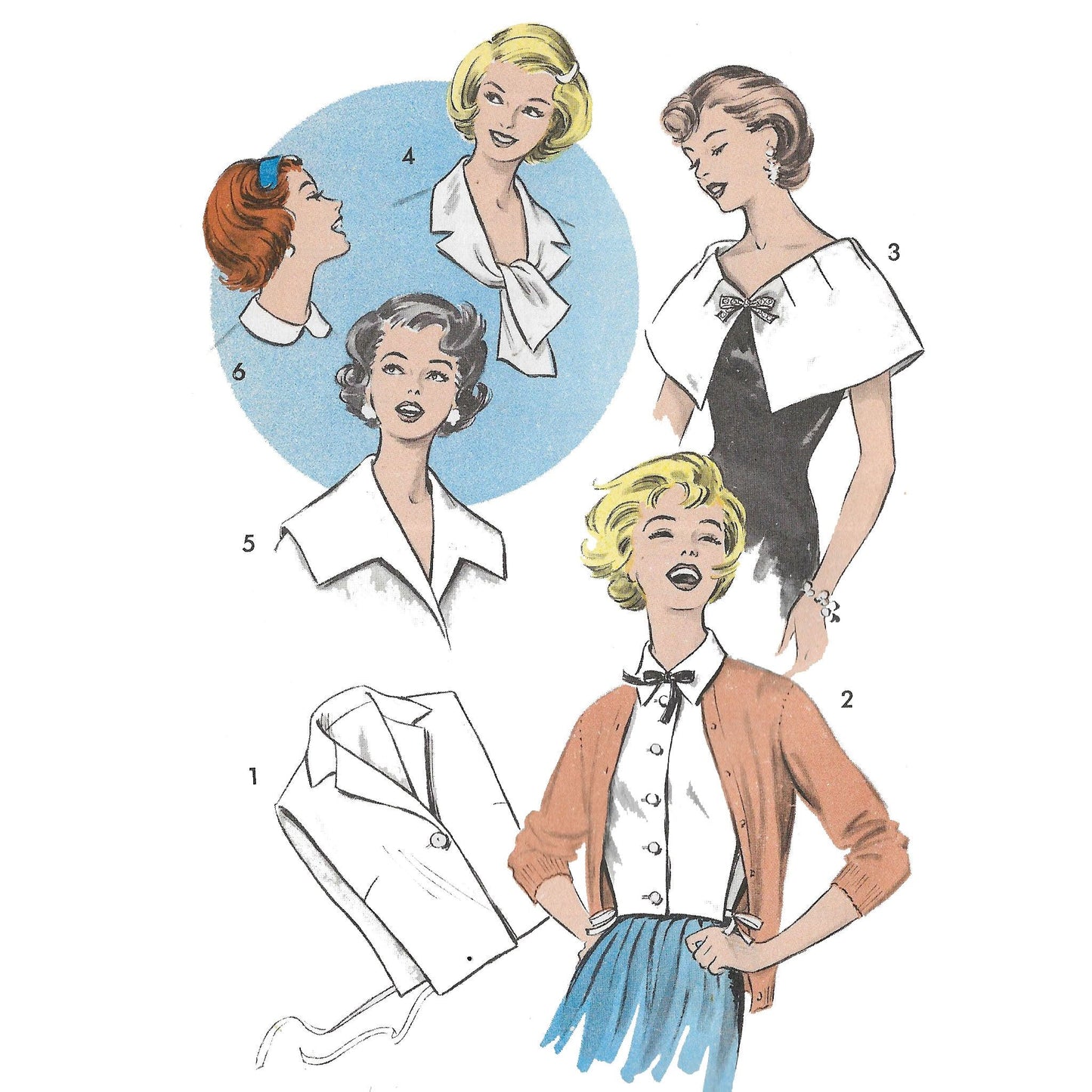 Model wearing 1950s misses’ collars and dickeys made from Advance 9045 pattern.  
