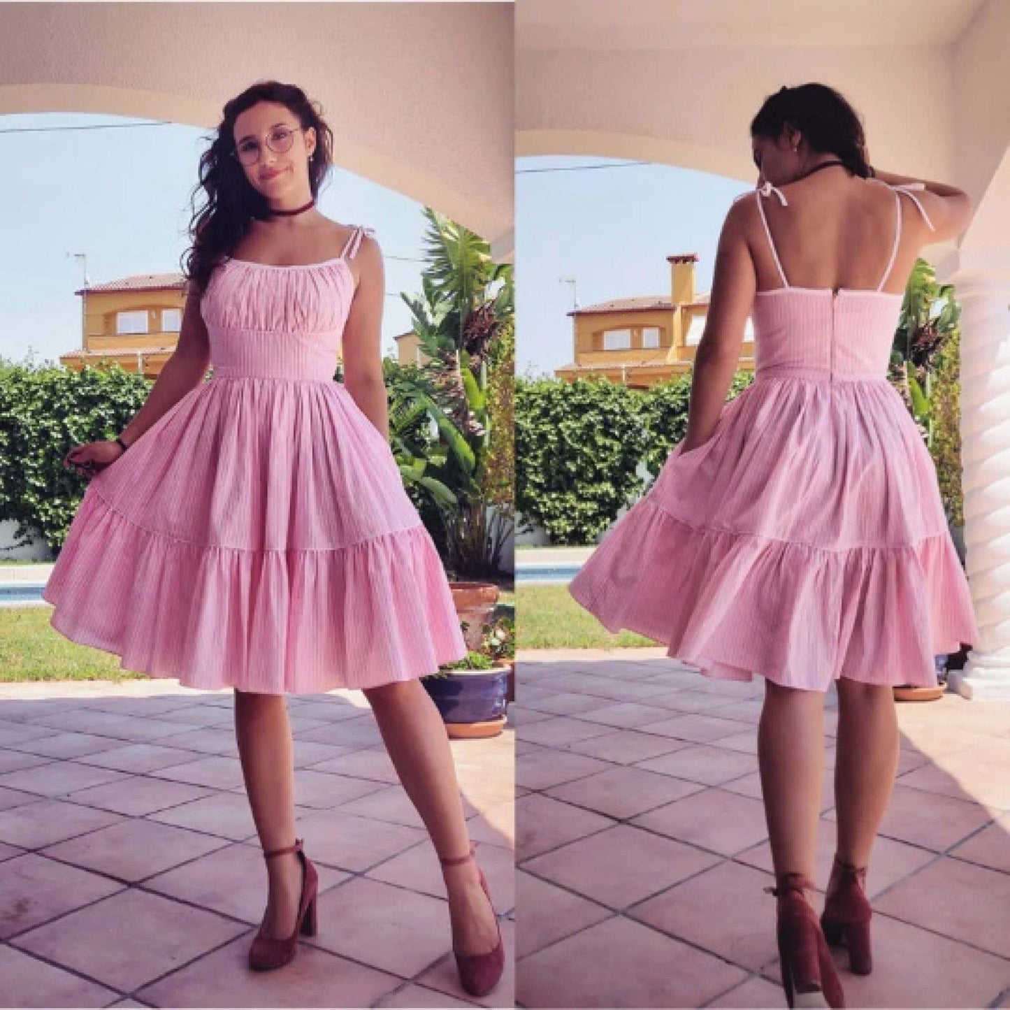 Two photographs of women wearing the 'Marilyn' dress in pink gingham. Left: front view, right: back view.