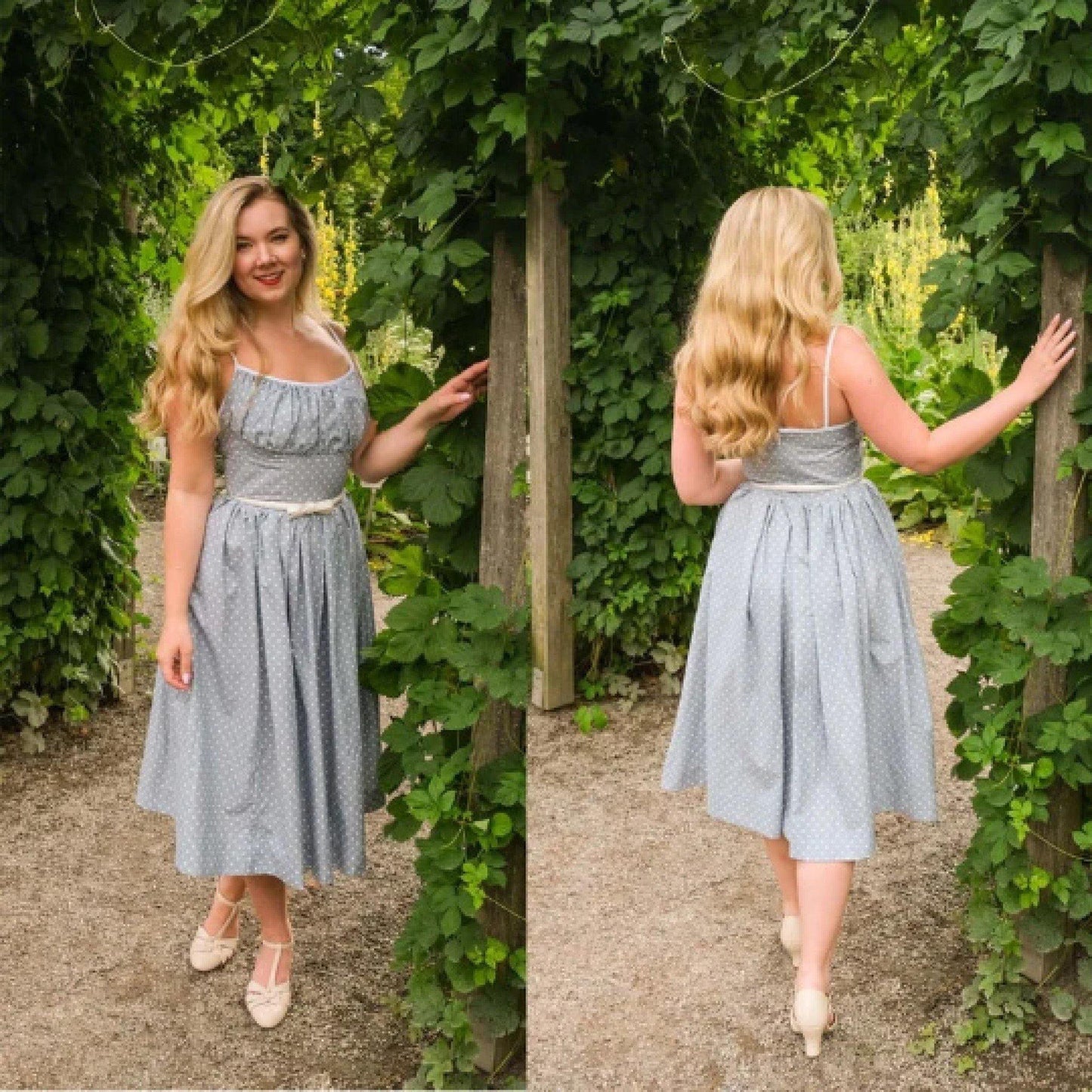 Women wearing the 'Marilyn' bombshell dress in blue. Left: front view, right: back view.