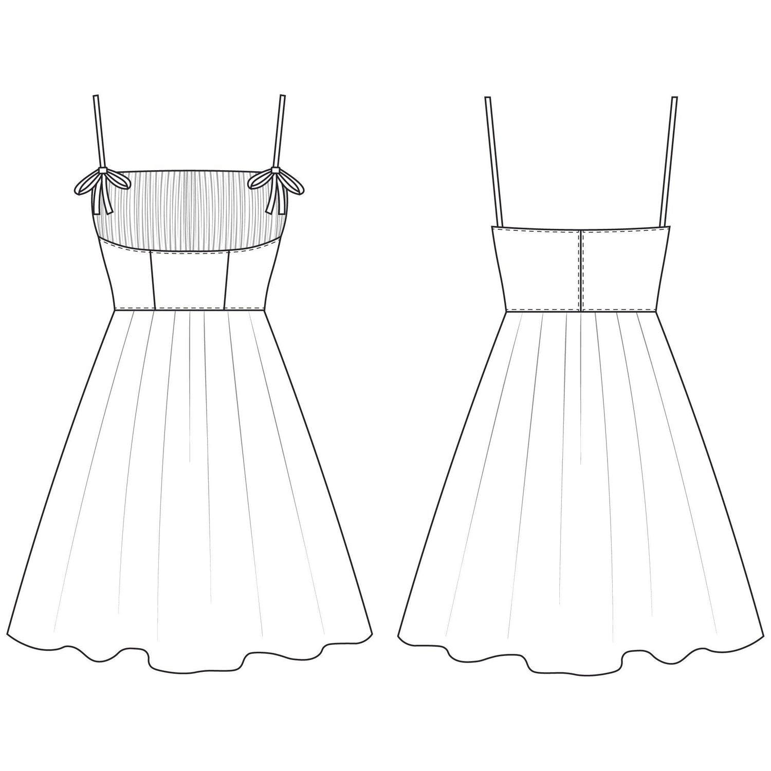 Line drawing front and back views of "Marilyn Monroe Style Bombshell Dress"