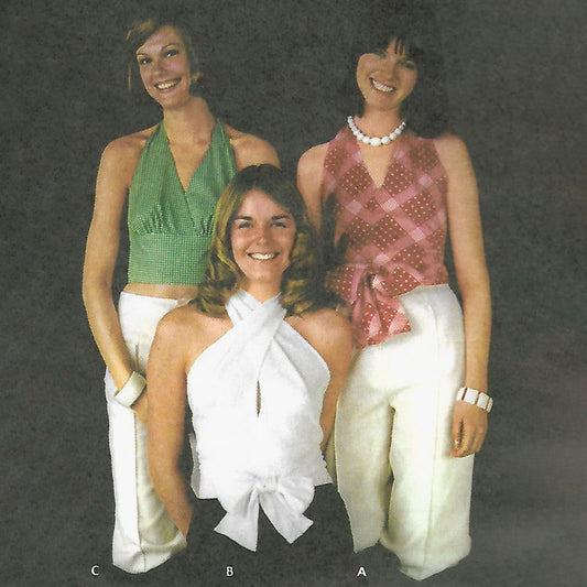 Model wearing1970s halter tops made from Butterick 3102 pattern