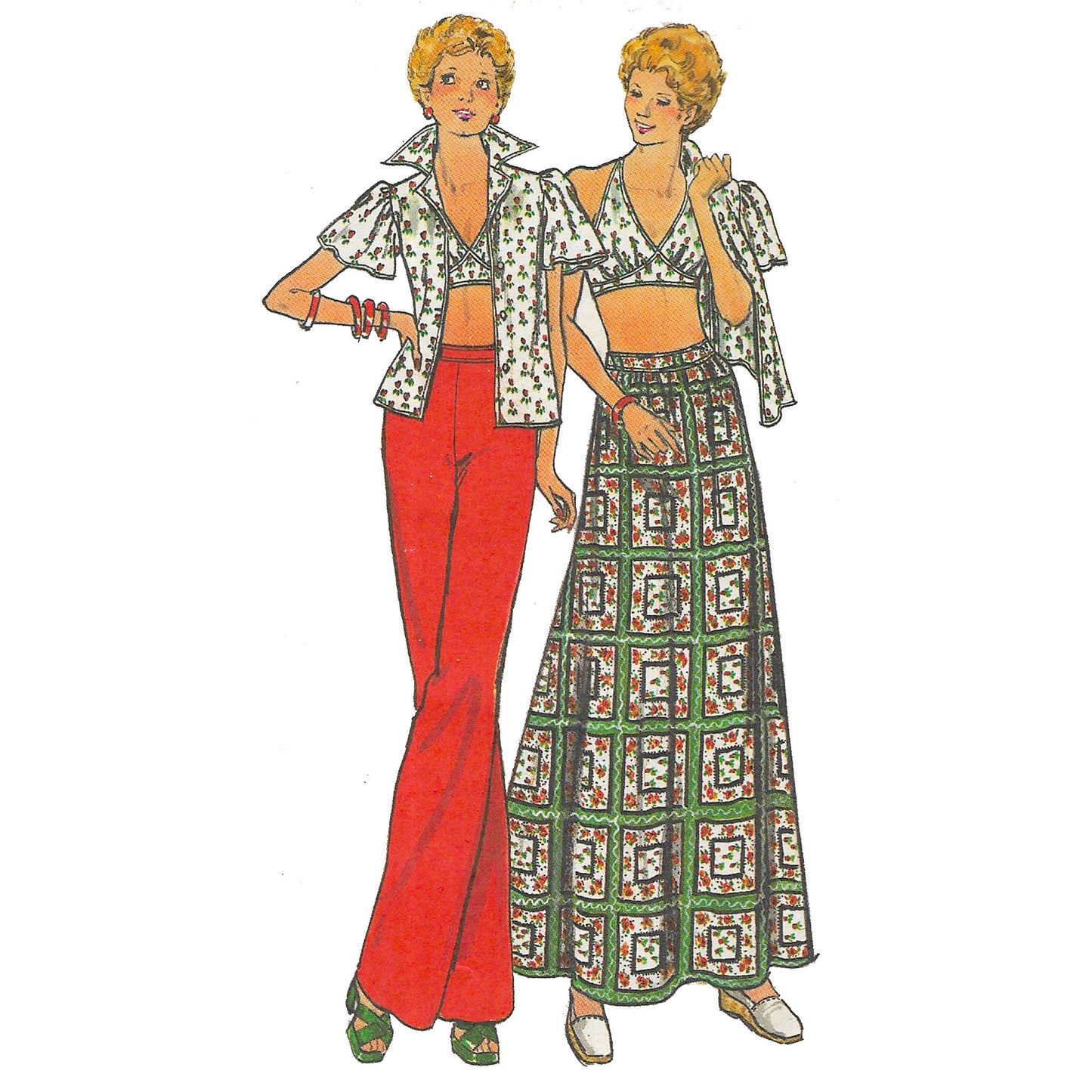 Model wearing 1970s blouse, halter top, skirt & pants made from Butterick 3700 pattern