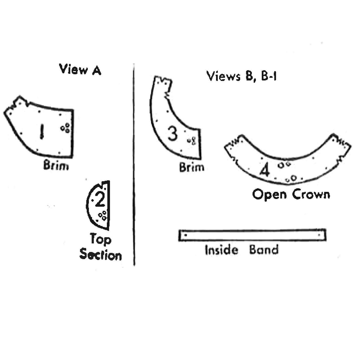 Line drawing of all pattern pieces included in "1940s Pattern, Set of Hats & Bonnets"