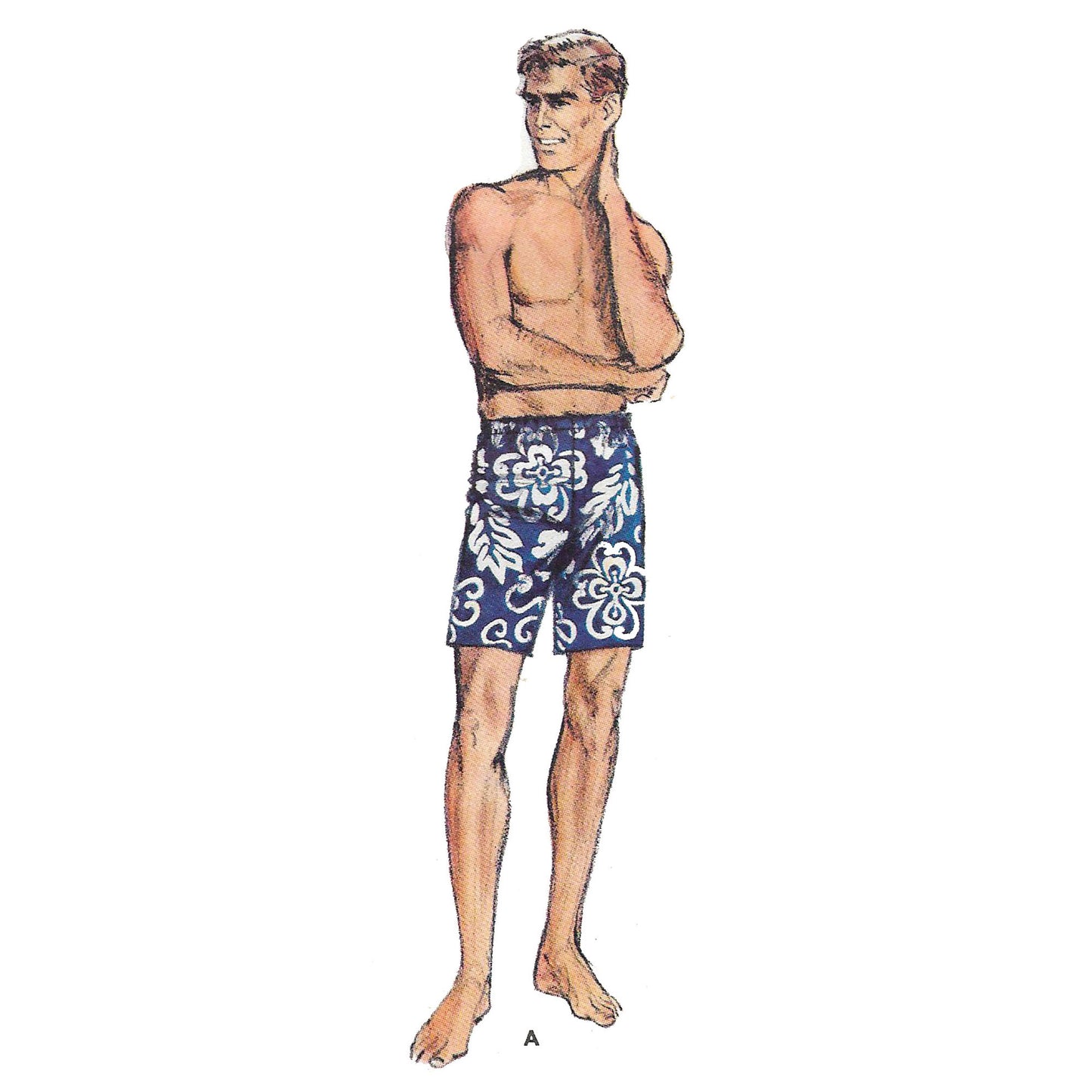 Man wearing 1960's swim shorts made from Butterick 3960 sewing pattern.