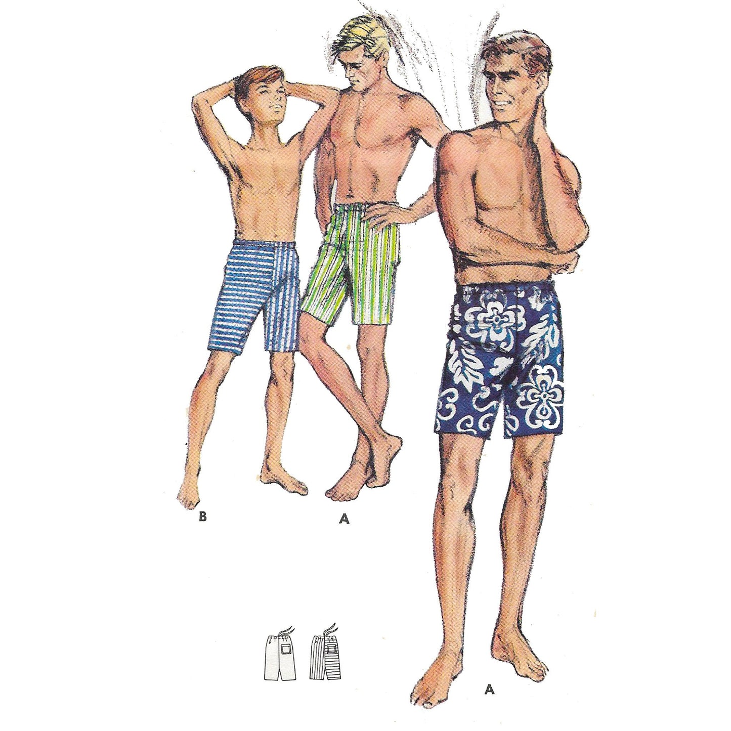 Models wearing 1960s swim shorts made from Butterick 3960 sewing pattern.