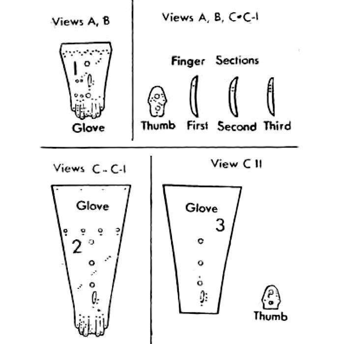 Line drawing of all pattern pieces included in "1940s Pattern, Set of Tailored Gloves in Two Lengths"