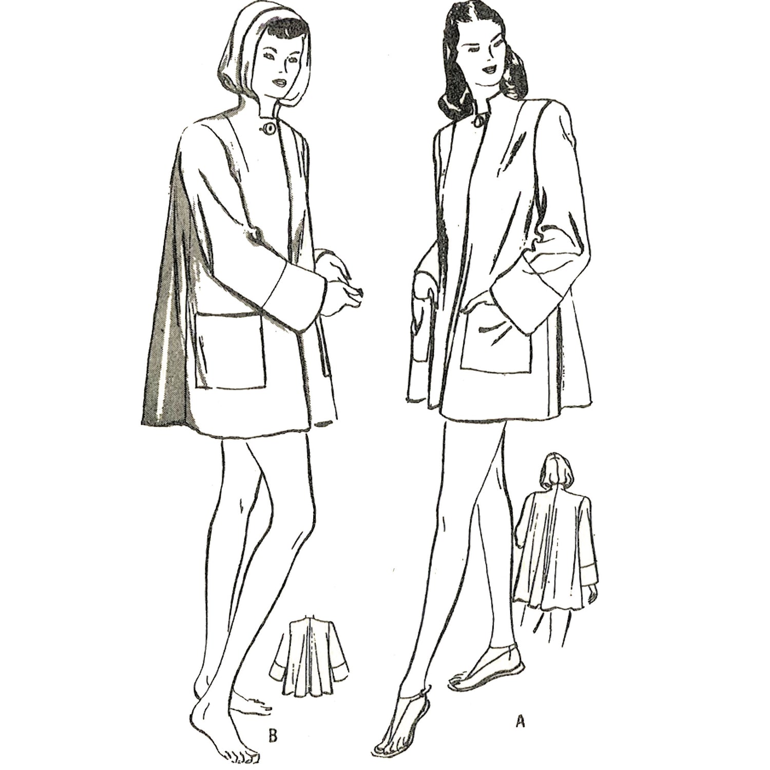 1940s Pattern, Women wearing a Women's Beachwear Coat, Optional Hood