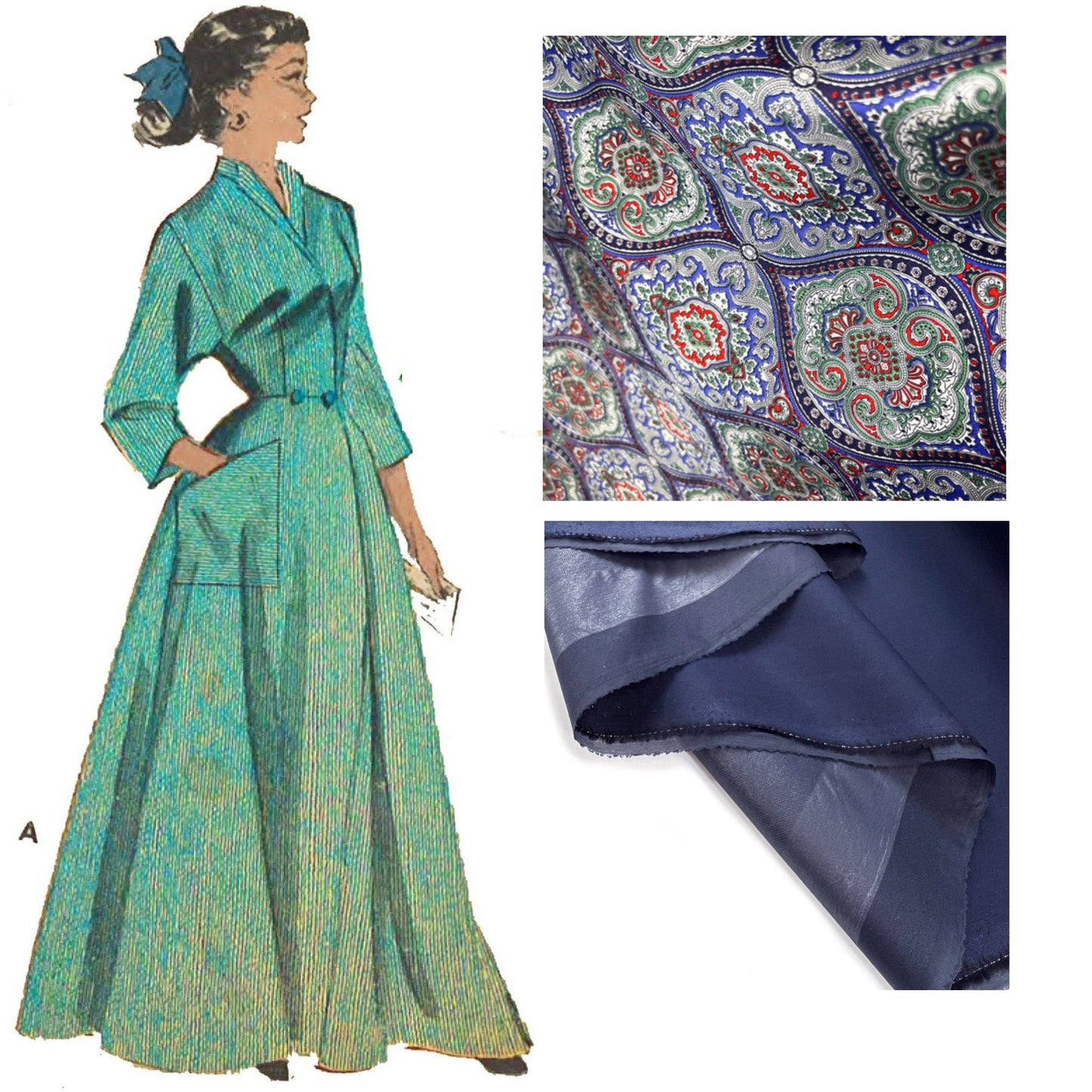 Woman wearing 'Coachman Robe'. Views A and B feature a floor length robe, and View C features a robe that finished just below the knee.