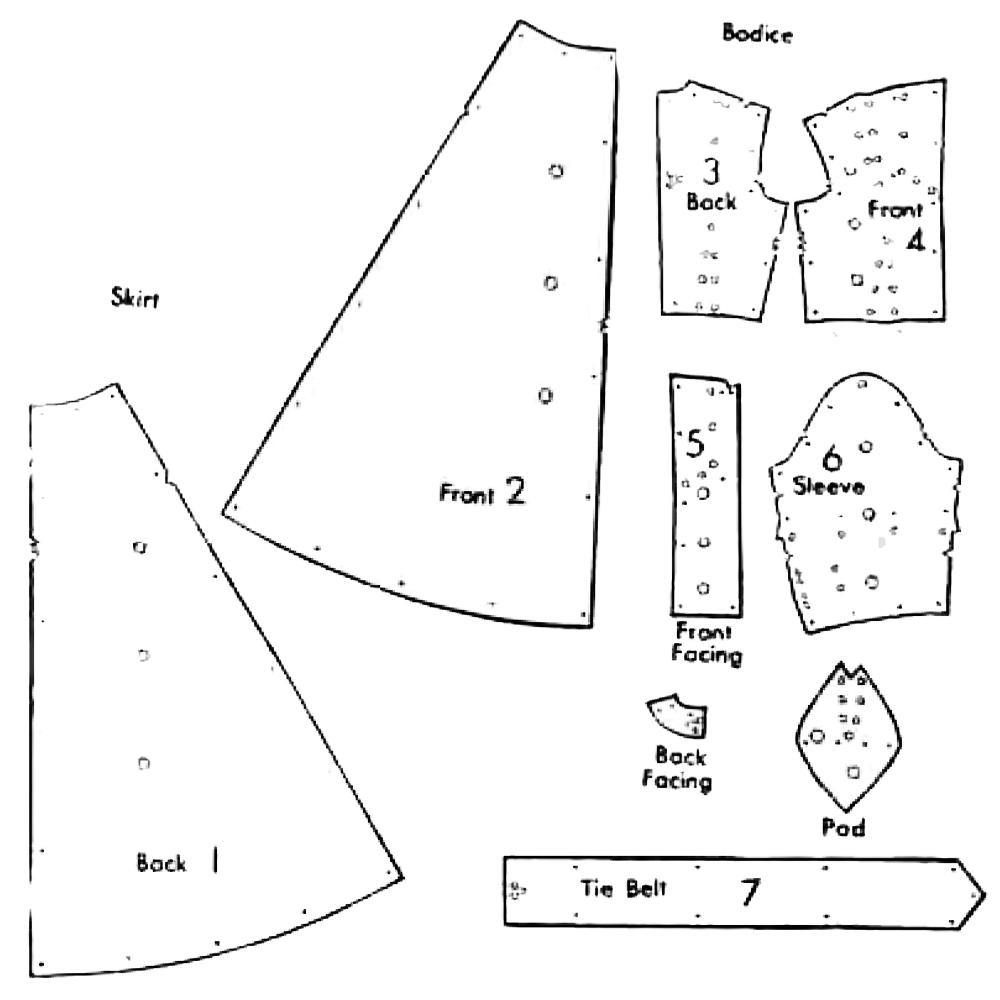 Line drawing of all pattern pieces included in "Vintage 1940s Pattern, Women's Housecoat, Robe, Gown"