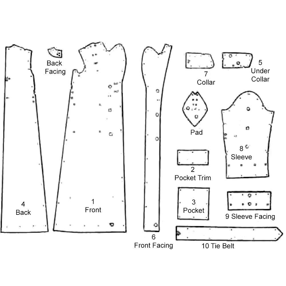 Line drawing of all pattern pieces included in "1950s Pattern, Women's Double Breasted Robe, Dressing Gown"