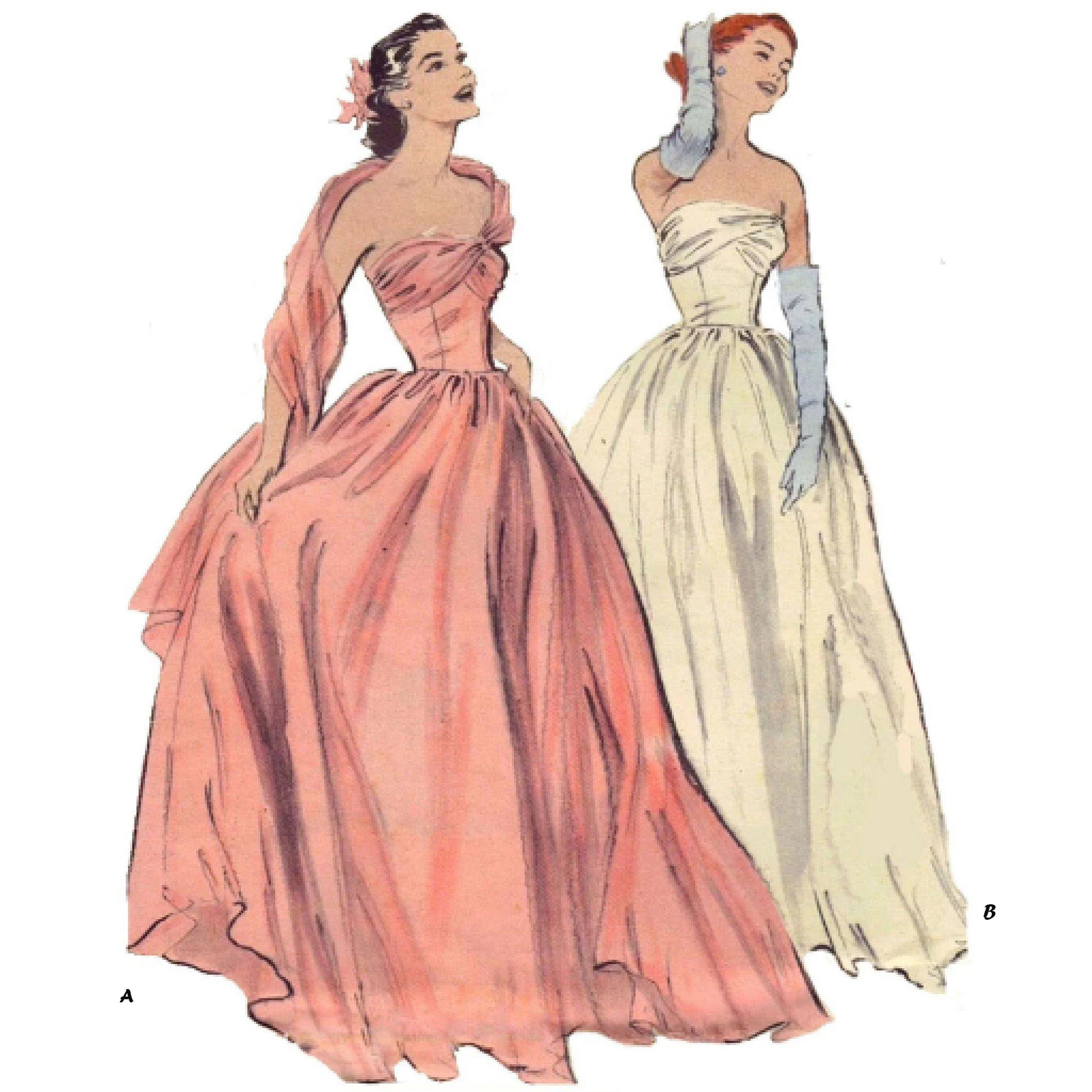 1950s Pattern, Strapless Ball Gown, Prom Dress, Bridal Gown - Bust 32 ...